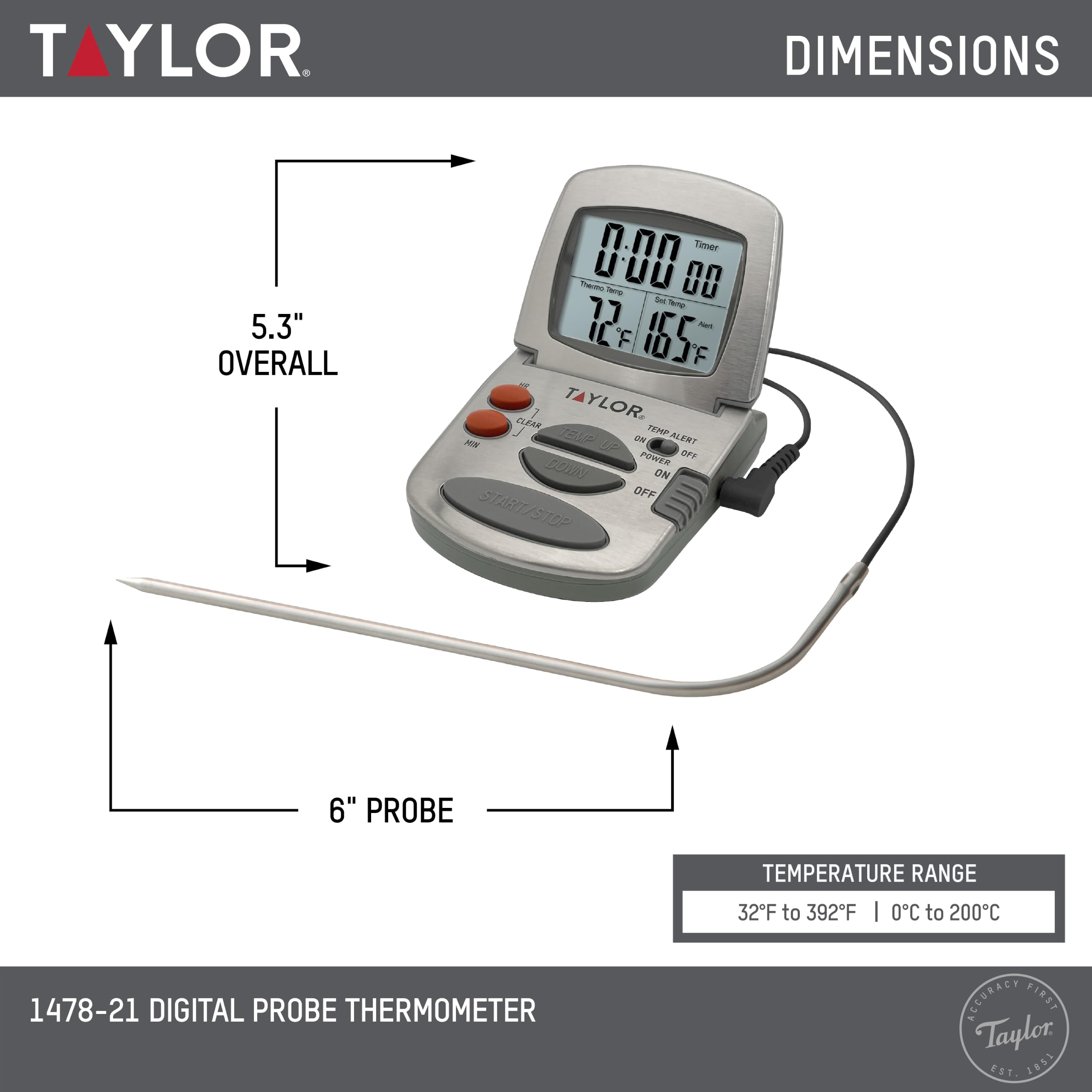 Taylor Precision Products - Termometro digitale programmabile con timer, lettura istantanea, per carne, cibo, barbecue, cucina