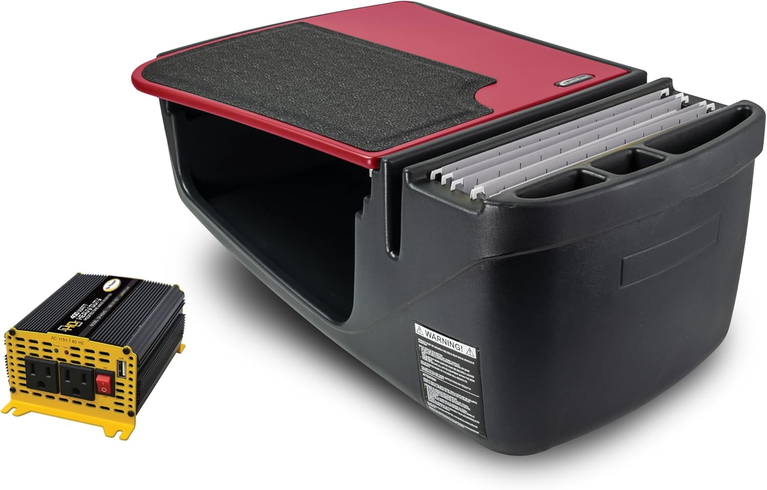 AutoExec Efficiency GripMaster Car Desk for Your Vehicle Workstation and Mobile Office, Soda Red, with 400 watt Power Inverter