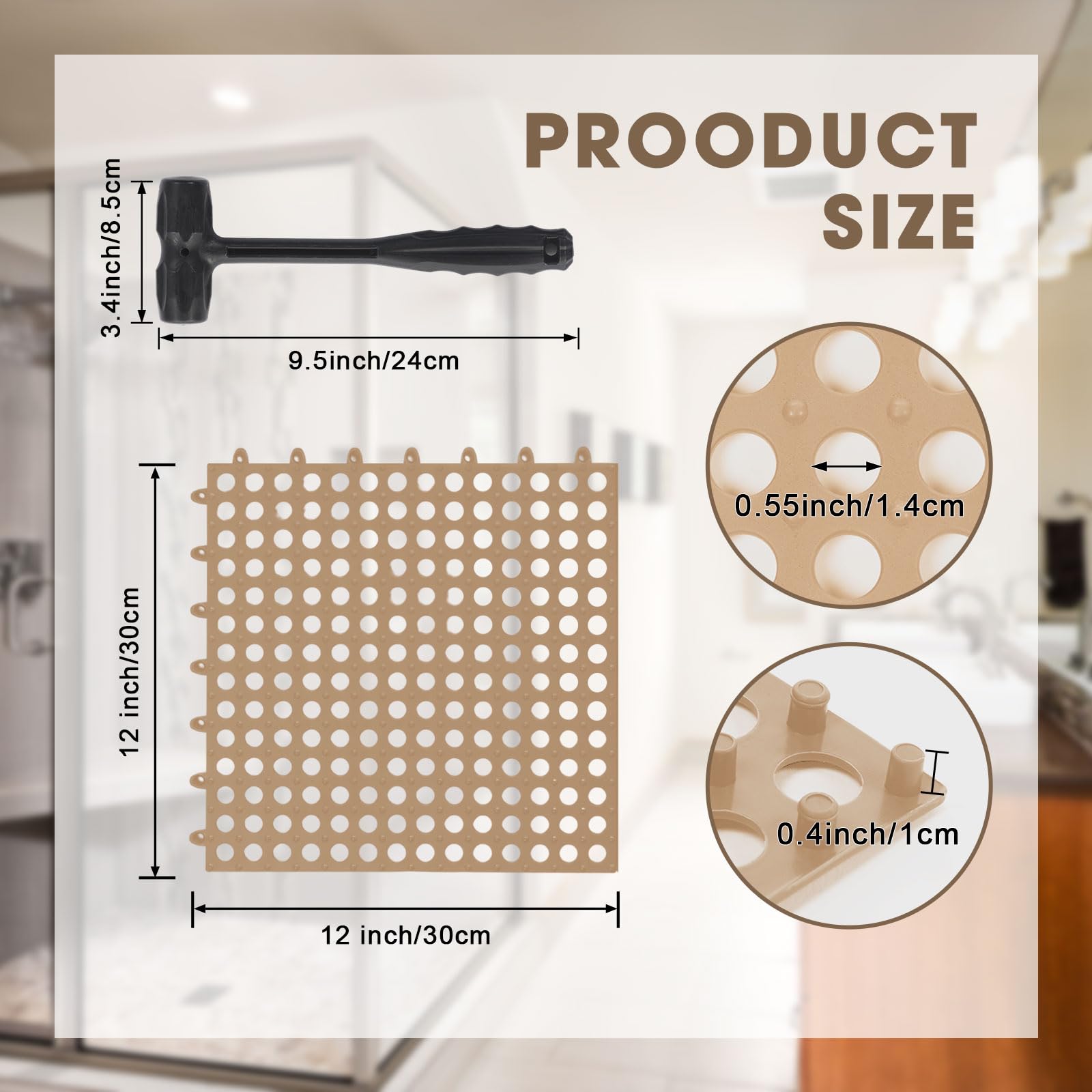 Drydiet 8 Pack Drainage Tiles Modular Interlocking Floor Tiles with 1 Pc Plastic Hammer 12" x 12" Cushion Mat Non Slip Rubber Floor mat with Holes for Pool Bathroom Deck Kitchen Patio (Beige) — Amazon image 2