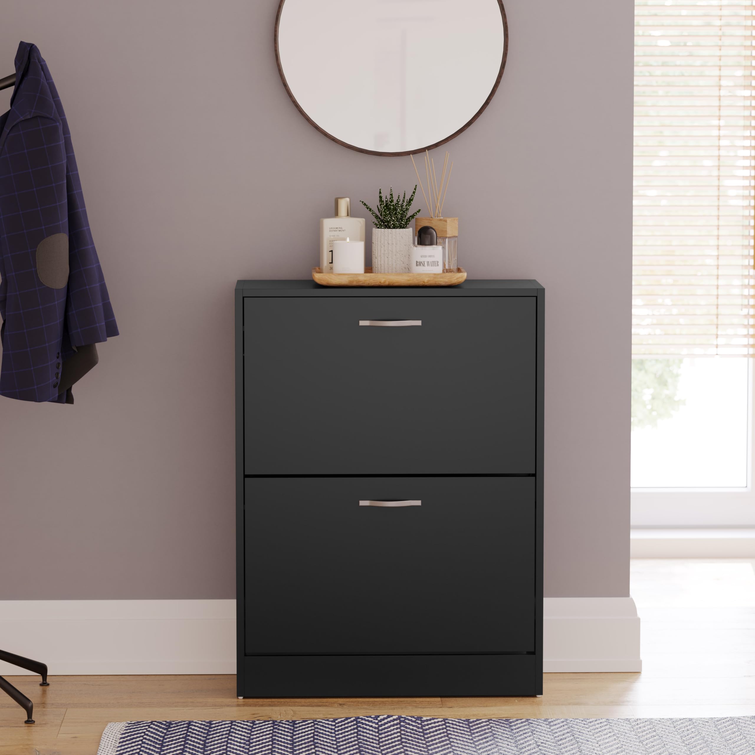 Vida Designs Armoire à Chaussures à 2 tiroirs, Organiseur de Rangement pour Chaussures, Meuble en Bois extractible, Noir | H 80 x L 60 x P 24 cm Environ