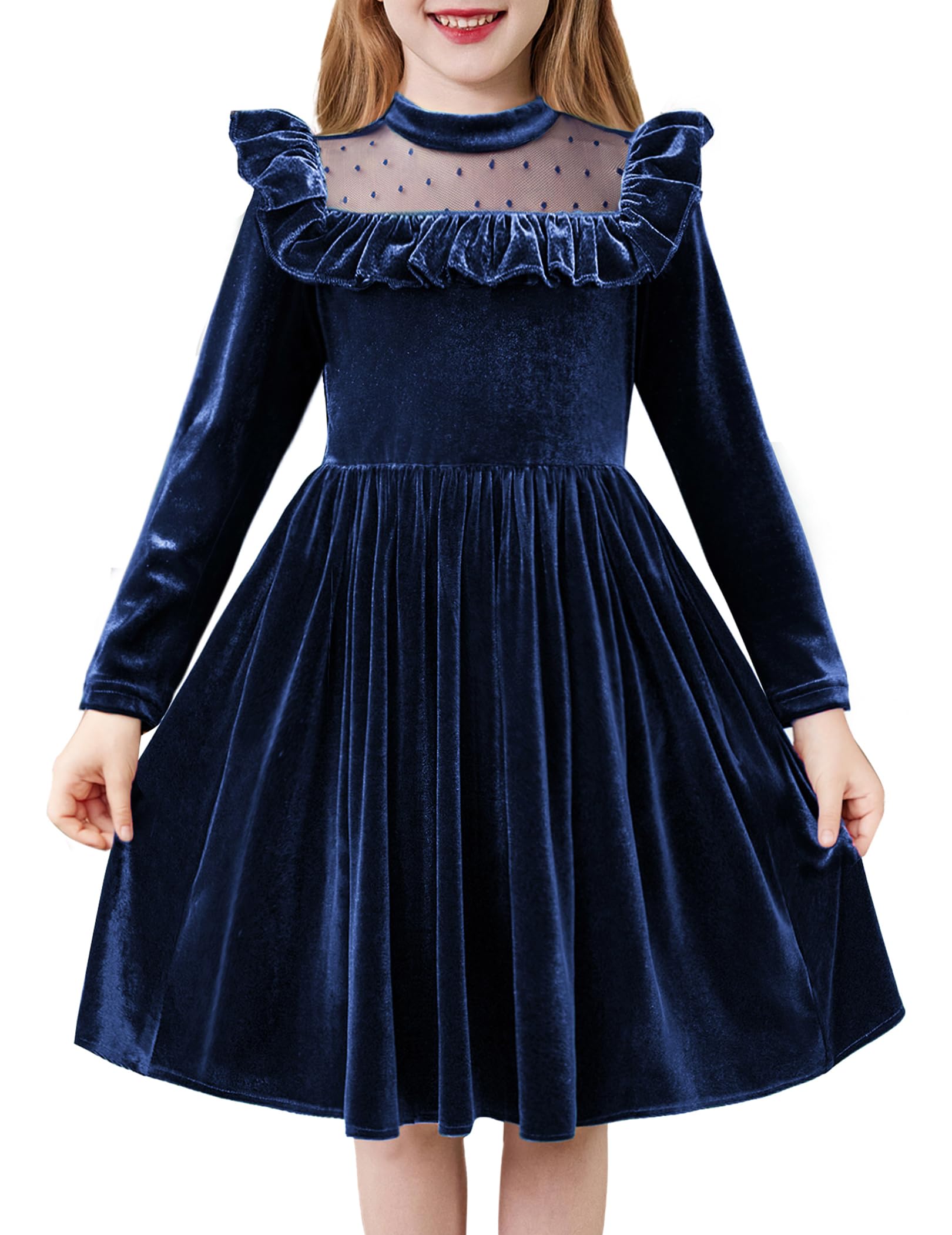 Arshiner Toddler Girls Christmas Dress Long Sleeve Velvet Dresses Princess Birthday Party Gown with Pockets 2-6 Years