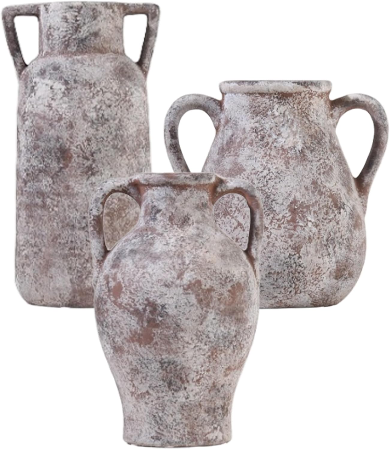 Ceramic Vase Set of 3, Handmade Rustic Farmhouse Vases with Handles, Glazed Interior, Aged Terracotta Finish, Boho Home Decor for Table, Shelf, Mantel, Flower Arrangement Terracotta 10.3in