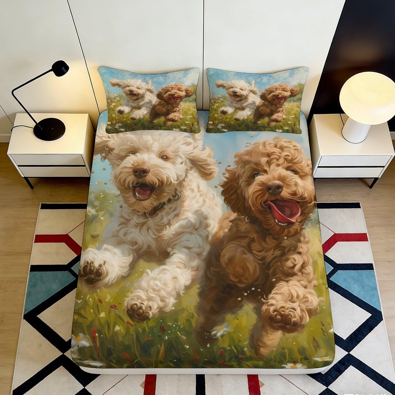 3D Printed Happy Dogs Fitted Sheet Microfiber Soft Breathable Playful Puppies Mattress Cover for Bedroom Dormitory Guest Room Mattress Protection Decor 120x200x25cm