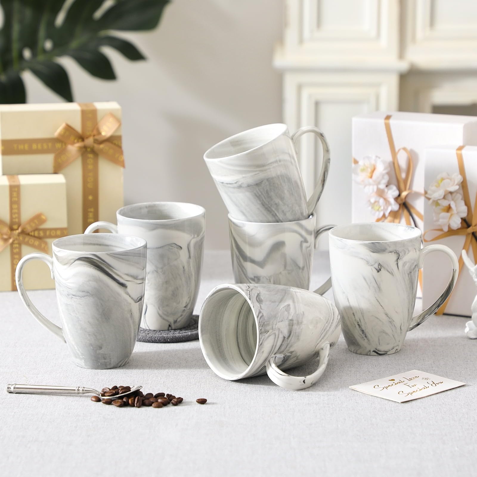 Zestaw 6 kubków do kawy, 473 ml, duży porcelanowy kubek, ceramiczne filiżanki do herbaty z uchwytem, nadają się do mycia w zmywarce i kuchenki mikrofalowej, szare