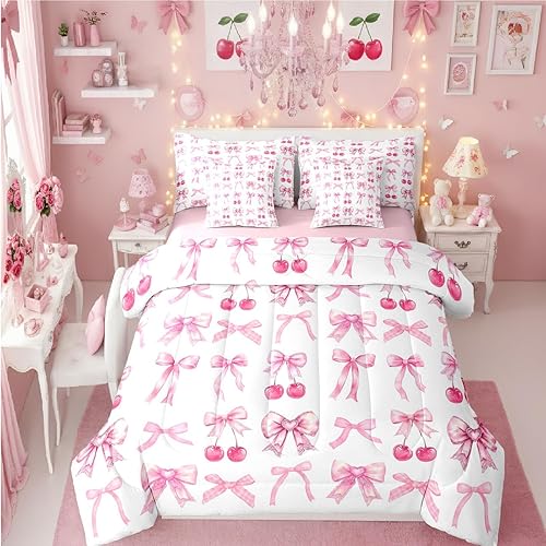 White Cherry Bow Queen Comforter Set with Sheets, Cute Silk Ribbon Bowknot 7 Pie