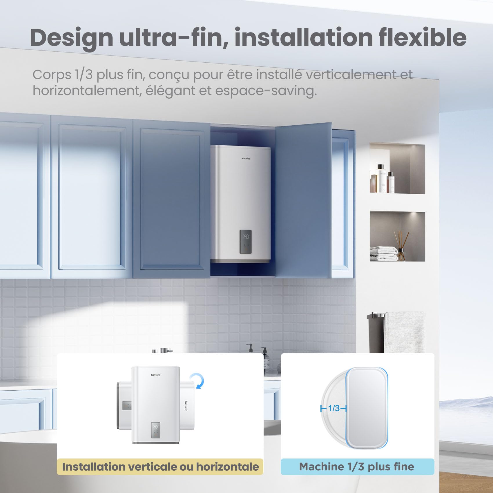 COMFEE' CWH15ED1380EUW Chauff-eau électrique mural 80L, Accumulation sous évier, Compact et facile à installer, Contrôle vocal, Connection Wi-Fi, Contrôle à distance par APP, Blanc