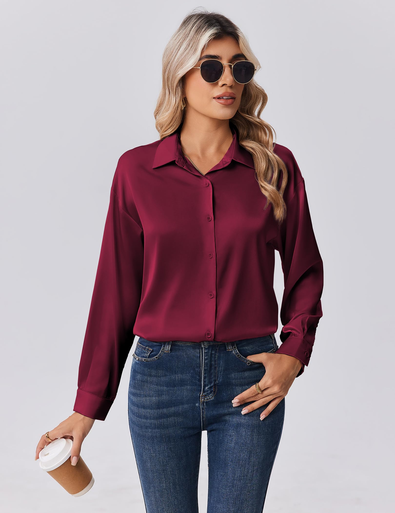 Zeagoo Camicia da donna in raso, con scollo a V, casual, elegante, a quadretti, in seta, a maniche lunghe