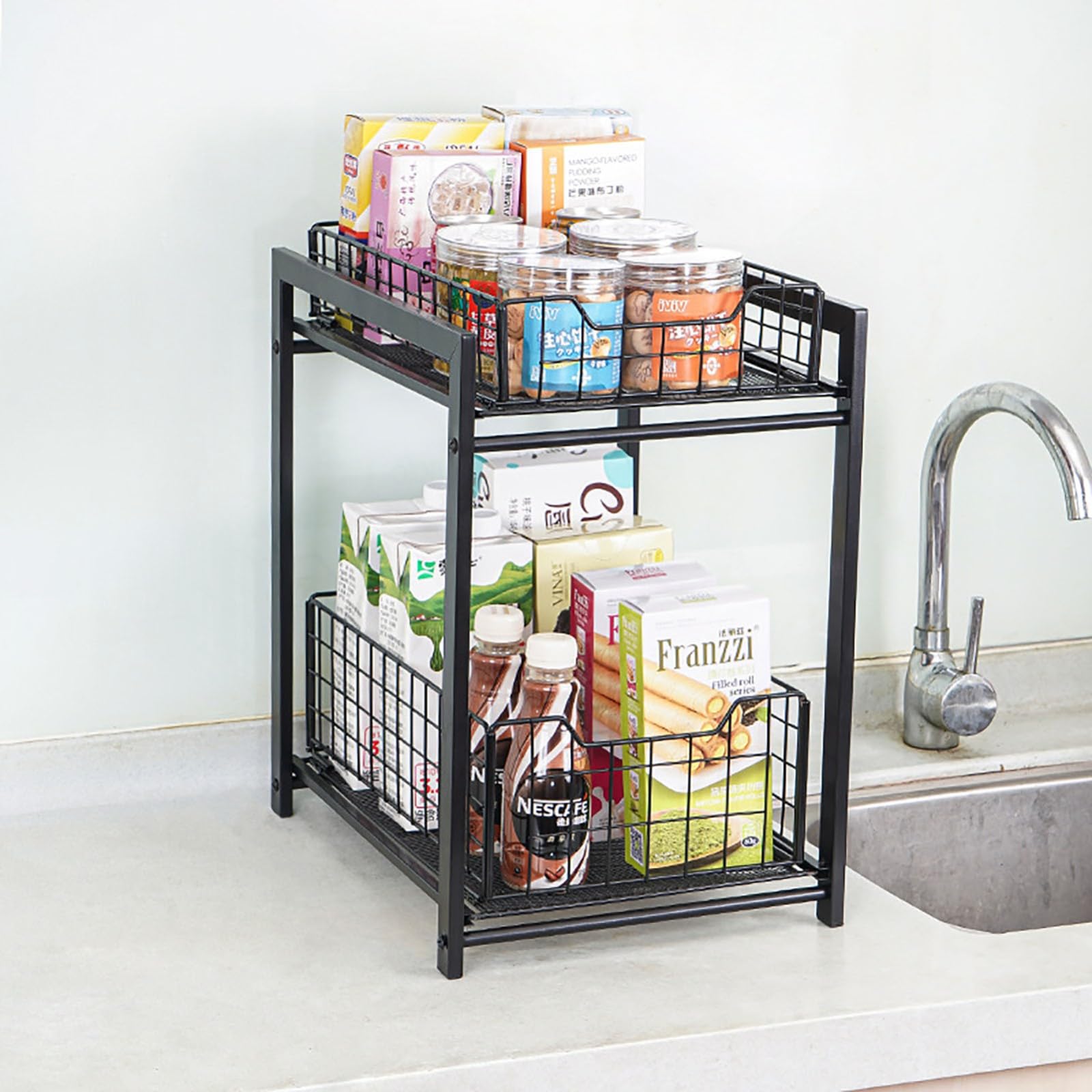 Panier de rangement coulissant sous l'évier à 2 niveaux pour armoire de cuisine, organisateur de placard, support de rangement en métal amovible pour salle de bain, facile à assembler, adapté à la c