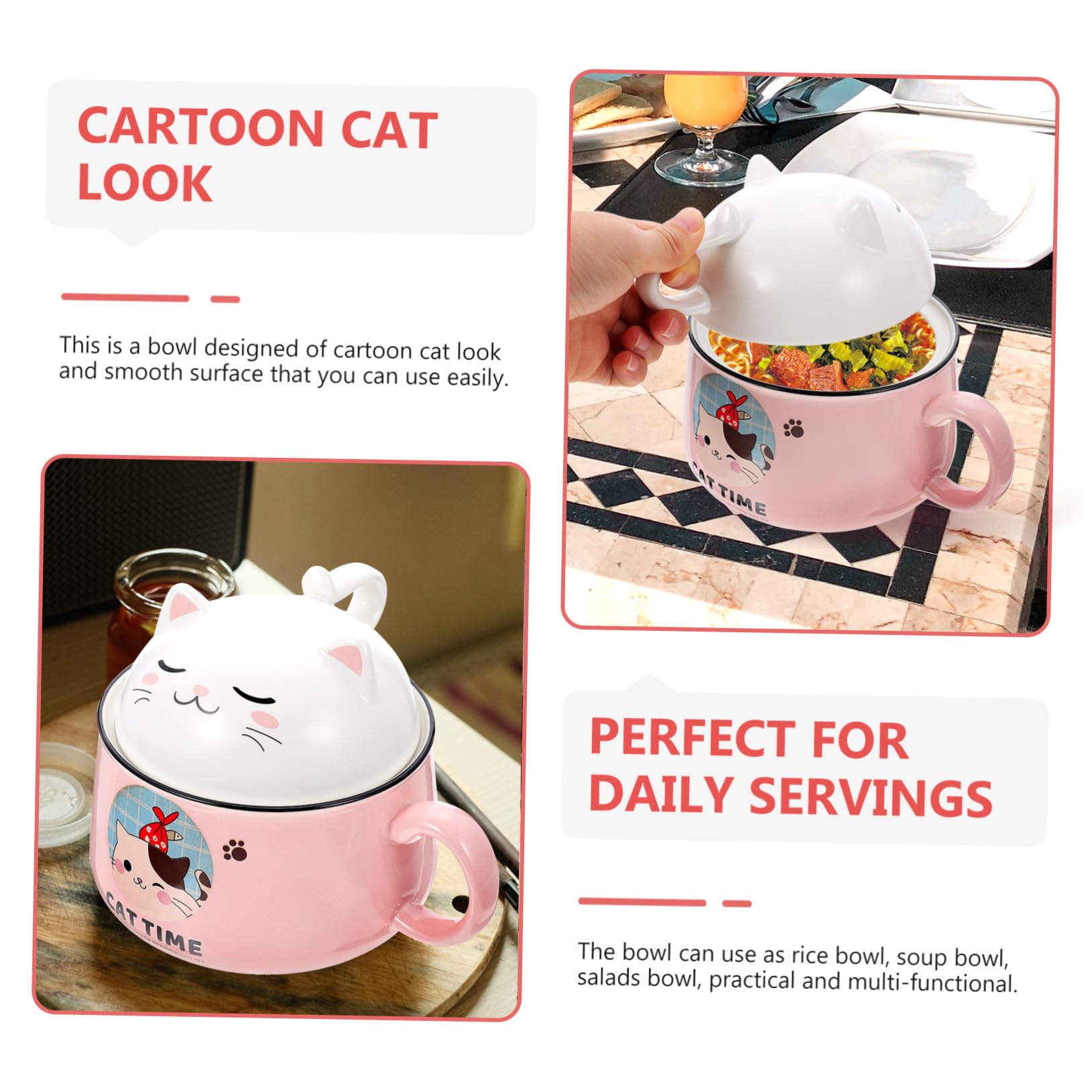 MAGICLULU Keramik Suppenschüssel mit Deckel und Griff Cartoon Katze Design Hitzebeständig Vielseitig für Suppe Instant nudeln Reis Mikrowellengeeignet Dekorativ und Langlebig