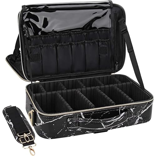 Relavel Makeup Bag Travel Makeup Train Case 13.8 inches Large Cosmetic Case Professional Portable Makeup Brush Holder Organizer and Storage with Adjustable Dividers and Shoulder Strap(Marble, Black)