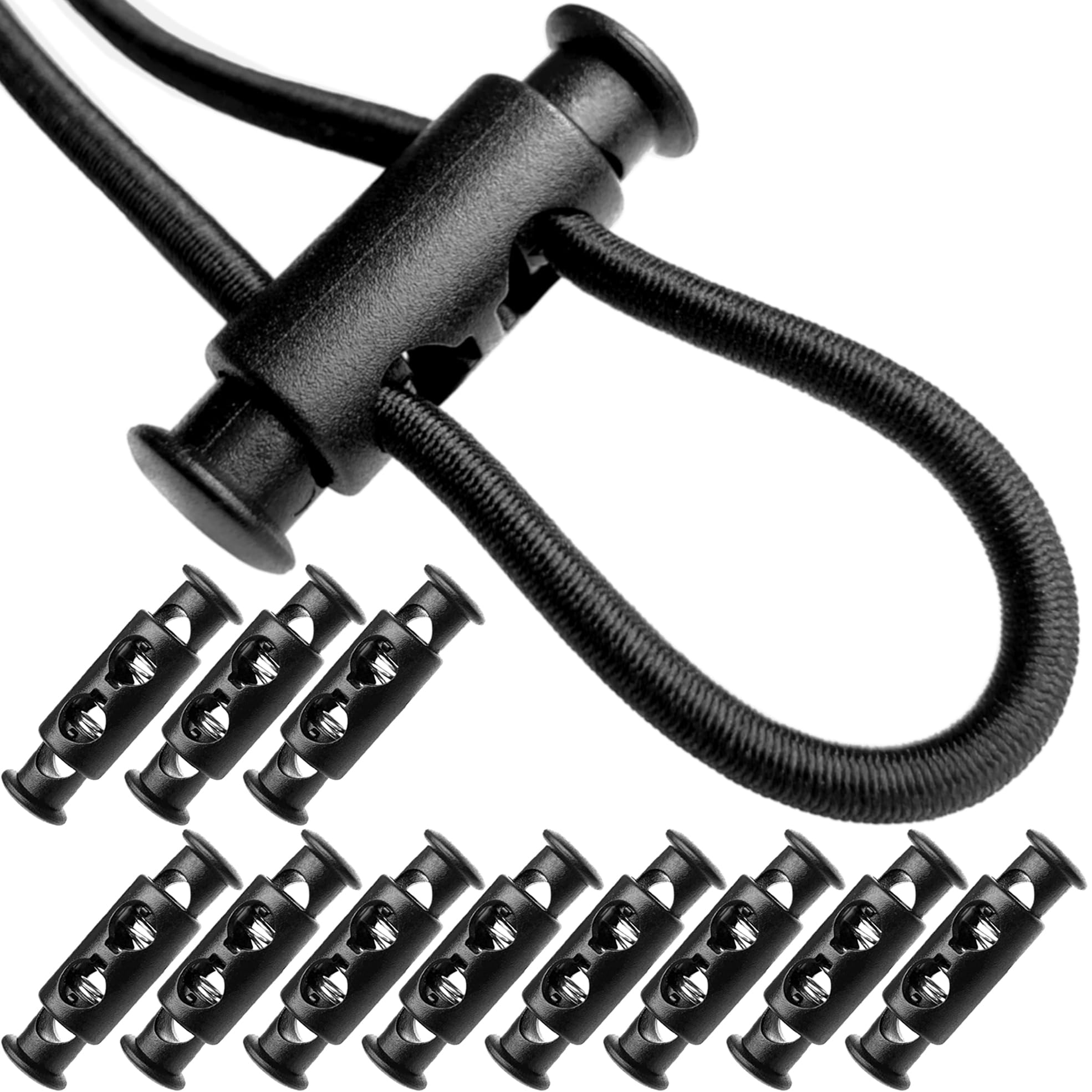 DLLM スプリング コードストッパー ズボン 紐 ストッパー 強力 2穴 内穴 5mm コードロック ゴムロープ ストレッチコード パラコード バックパック 紐止め 12個 大円筒319B ブラック