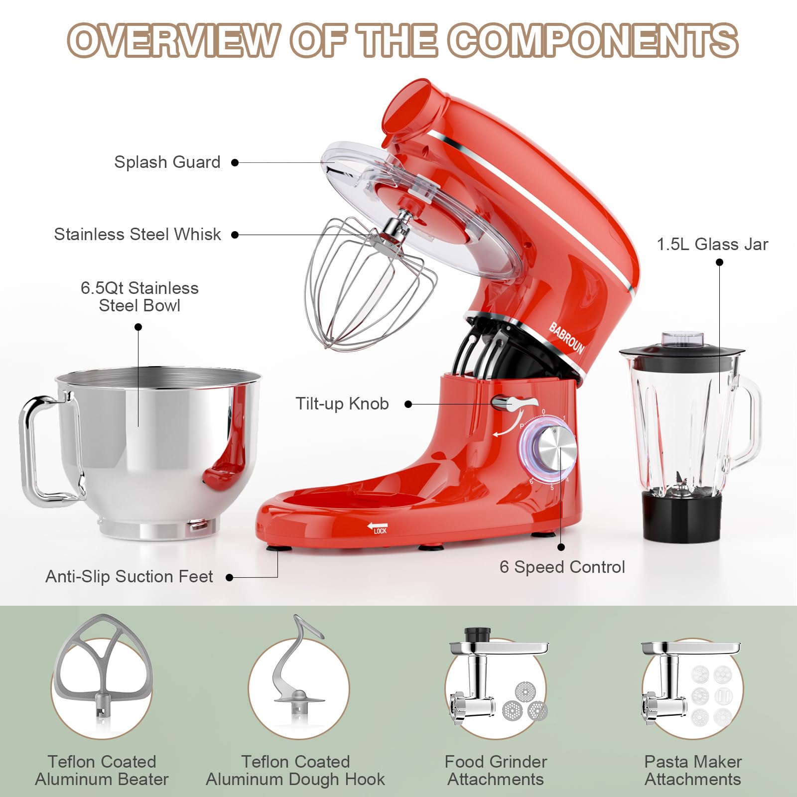 BABROUN 6-in-1 Stand Mixer – 6.5QT Bowl, 660W Motor, Includes Meat Grinder, Glass Jar, Dough Hook, Whisk & Beater