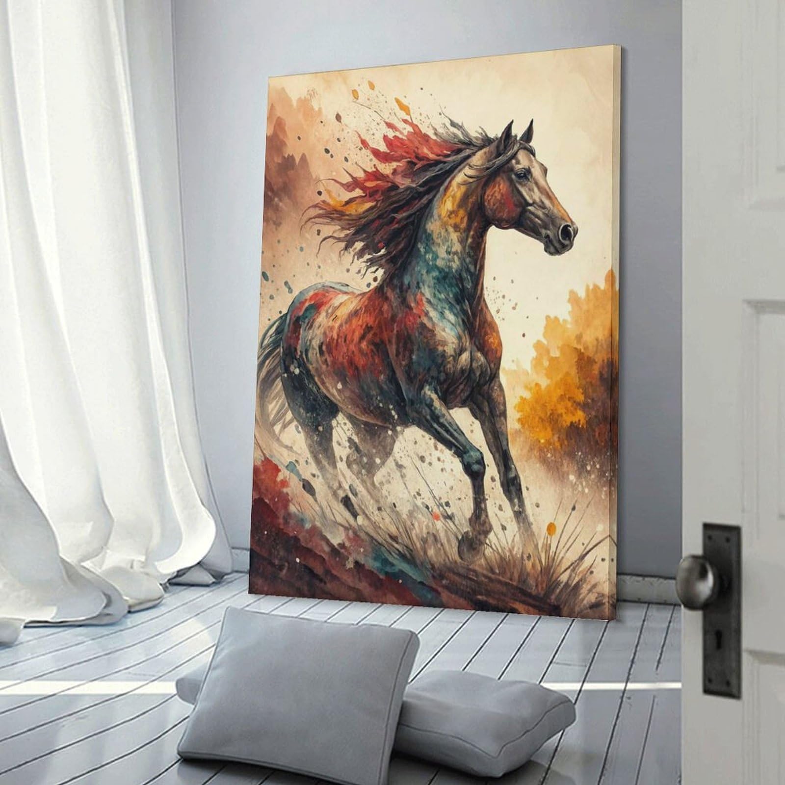 Junmoney Colorful Horse Running Watercolor Painting Canvas Art Print, 12x18inch(30x45cm), for Living Room, Bedroom, Office Or Hallway, Decorative Artwork with Broad Appeal