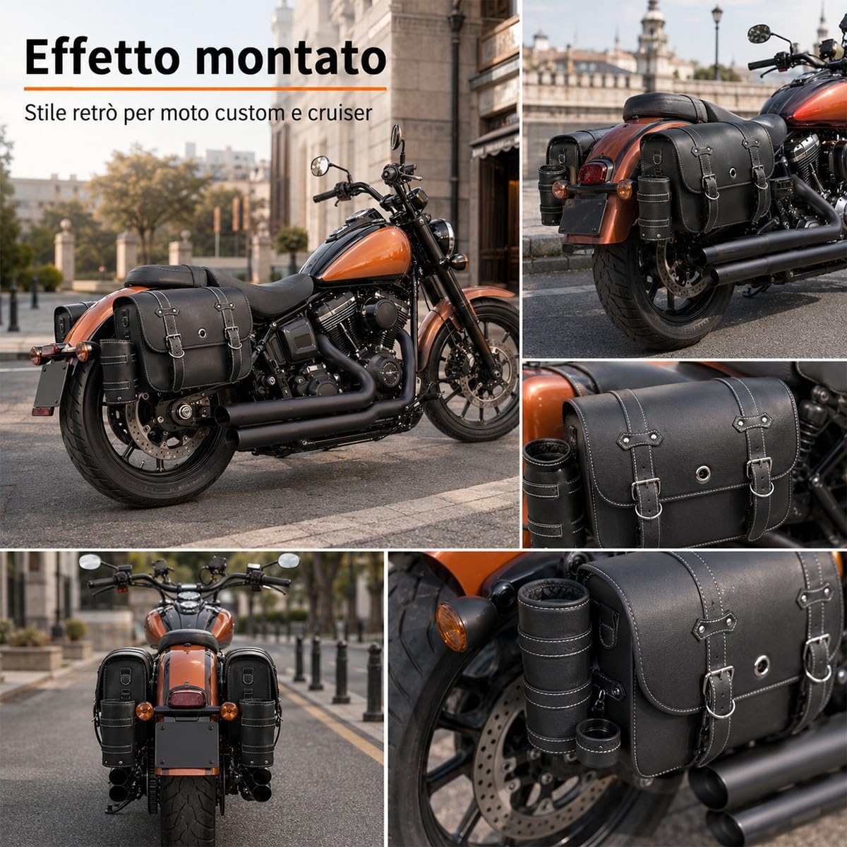 Borse Laterali Moto Grandi Coppia 32 x 13 x 25 cm, Borse Moto in Pelle PU con Portabicchieri E Staffe Metalliche, Borse Laterali Universali per Cruiser Scooter E Bike