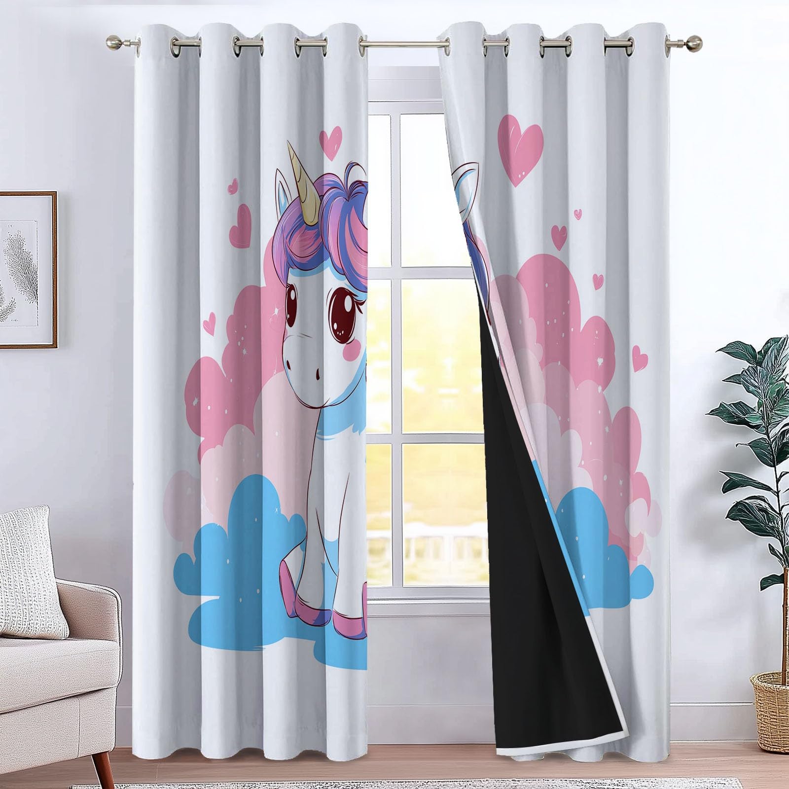 Générique Rideaux Occultants Licorne, Rideaux Imprimé Isolant Thermique Anti Froid - Draperies Polyester Oeillet Style Cartoon pour Chambre Salon Décoration Lot de 2 117L x 229H cm