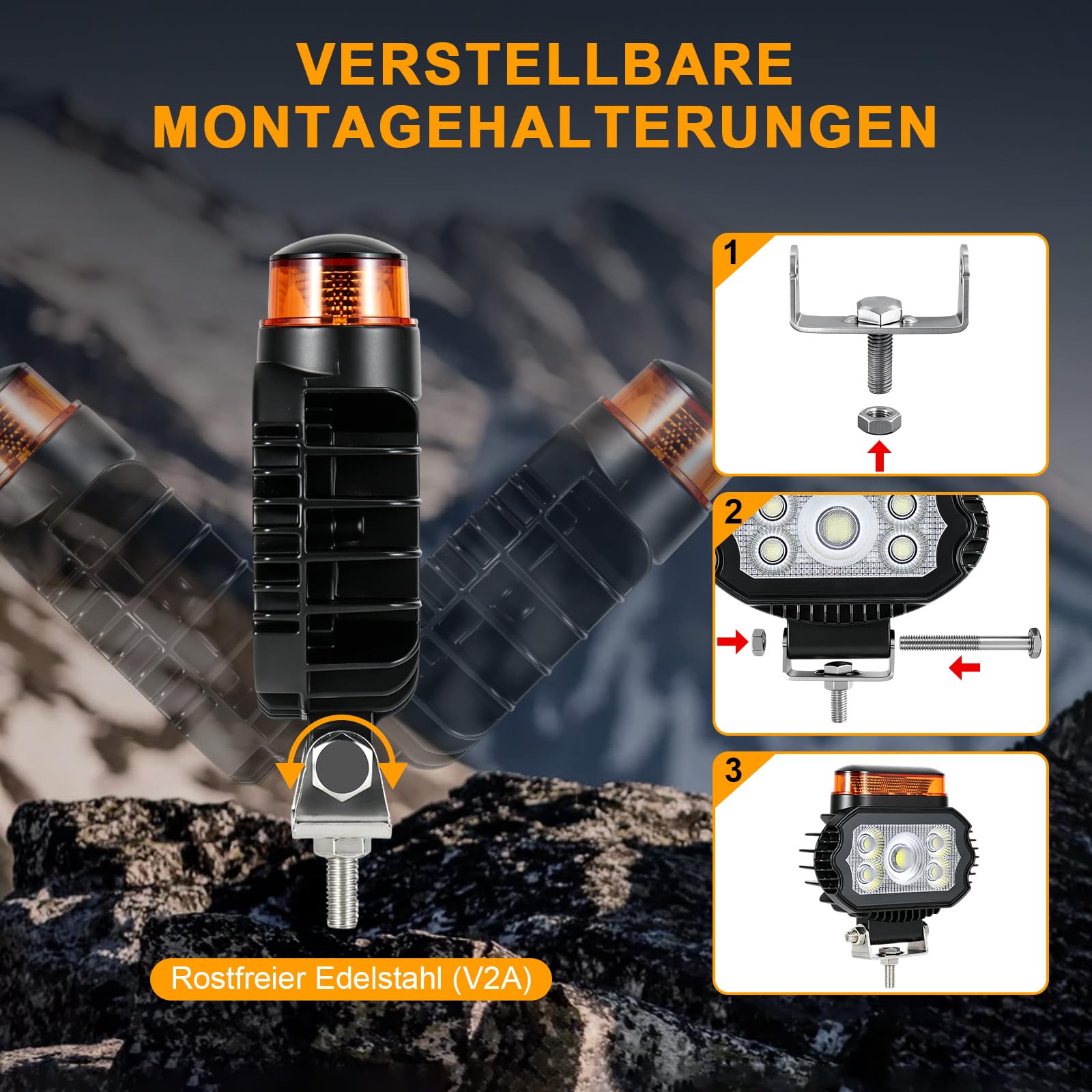2-in-1 LED Arbeitsscheinwerfer 12V/24V Flutlicht mit Bernstein Warnlicht