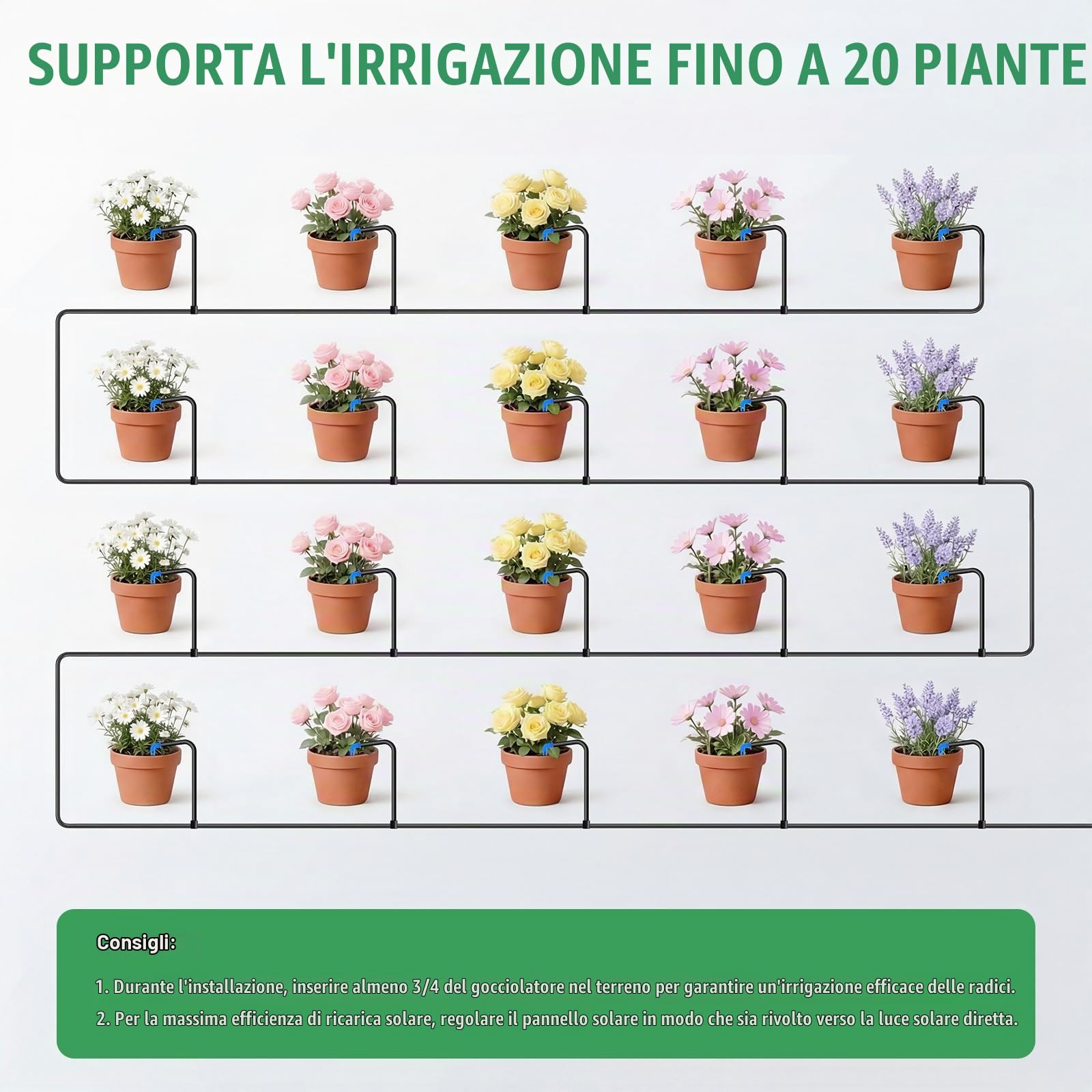 Sistema di irrigazione solare per balcone per 20 piante in vaso - 2026 Ultimo sistema di irrigazione automatica con 12 modalità timer e tubo a goccia da 20 m per giardino, balcone, serra, piante in