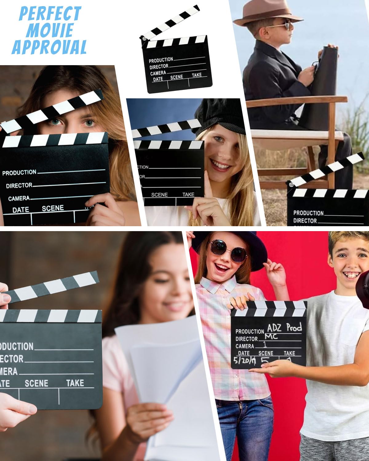 1 clap de cinéma en carton, 20 x 18 cm, clap de réalisateur, tableau de tournage, couverture à rabat, notes de scène, couverture effaçable, accessoire de tournage (noir et blanc)