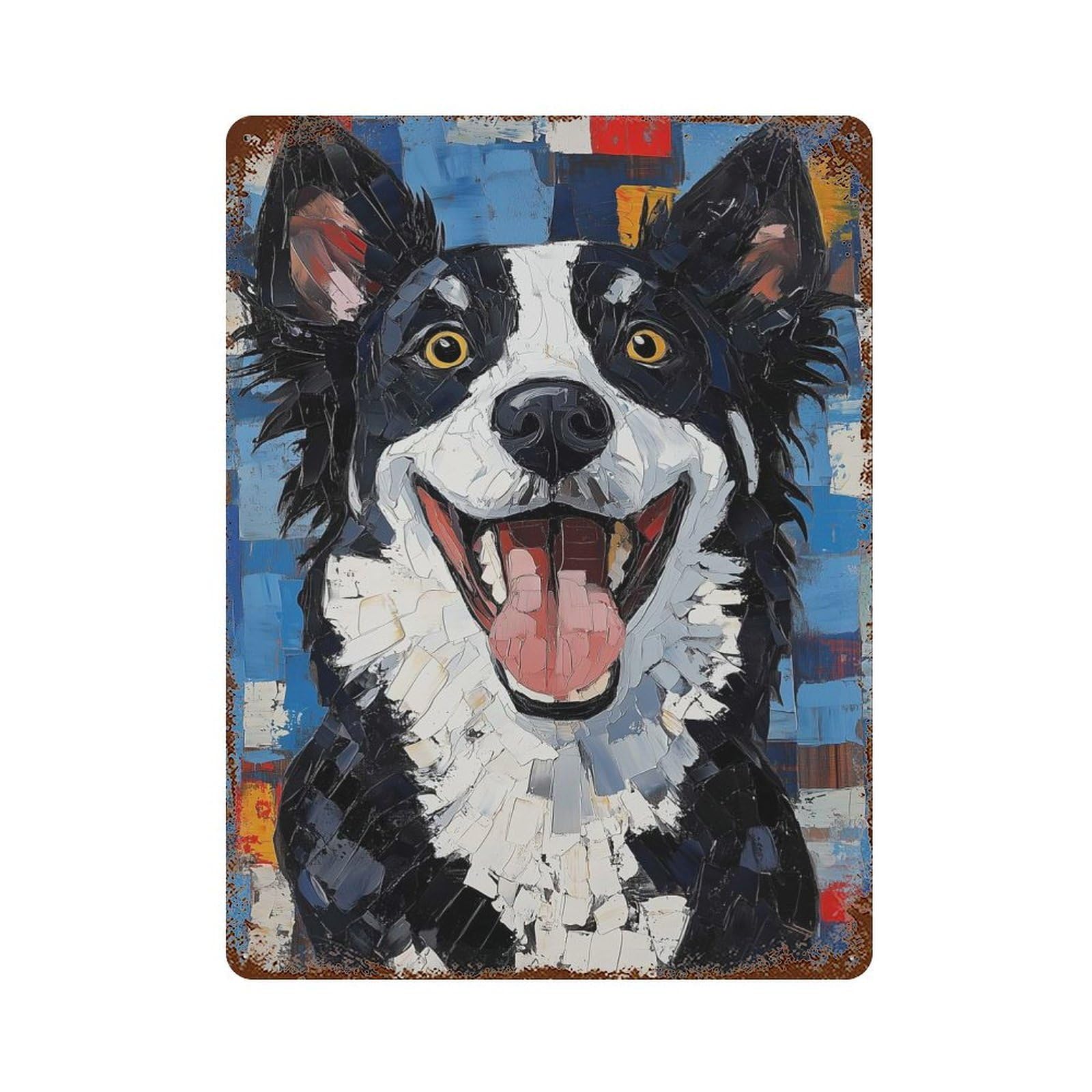 Garage Style Smiling Border Collie Painting Distressed Metal Wall Sign 15.7"x11.8", Vintage Wall Decor for Bar And Workshop