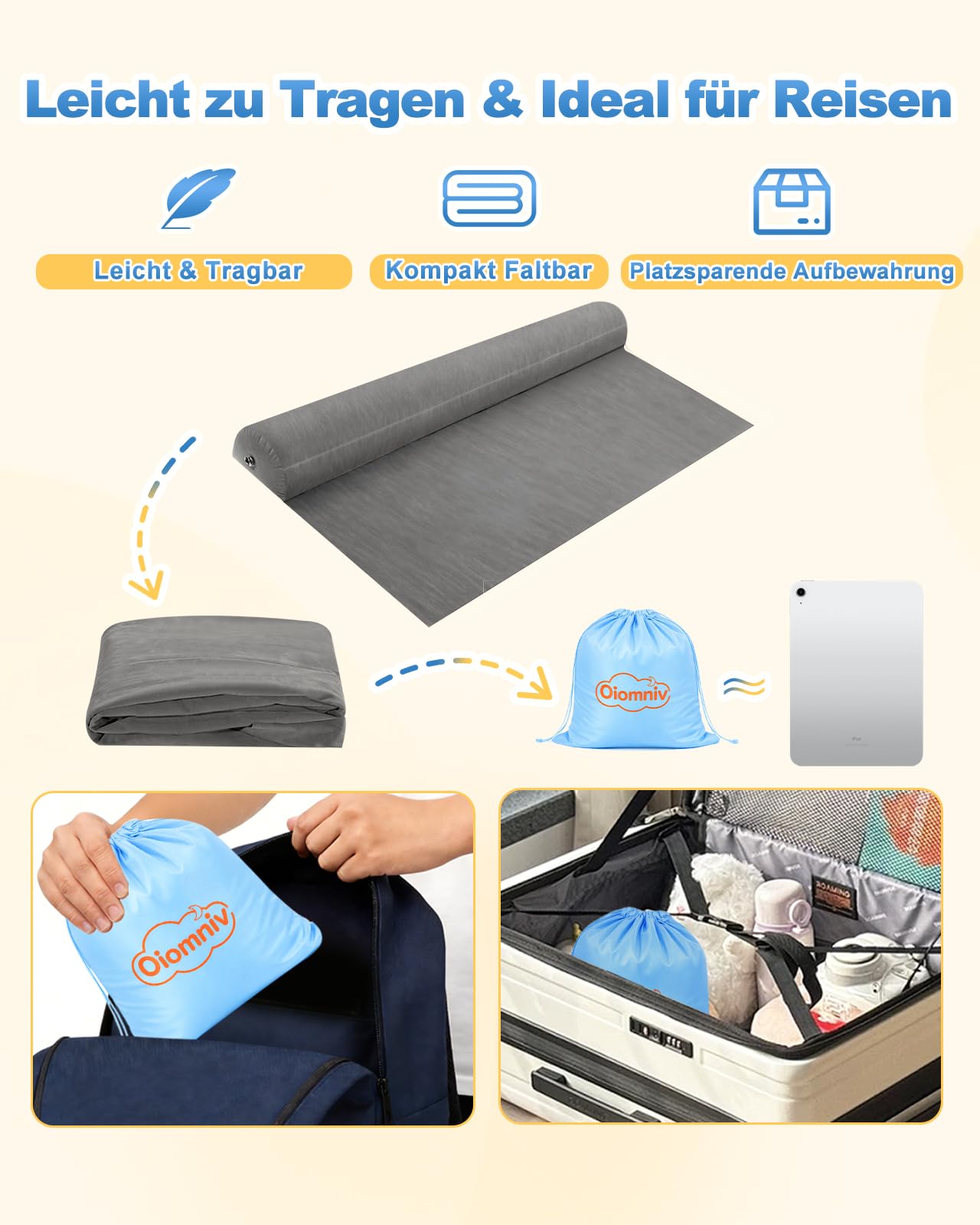 Oiomniv Bettschutzgitter Aufblasbare Bettgitter für Kleinkinder 2er Set – Tragbarer Rausfallschutz Bett, Rutschfestes Bettgitter, Für Einzelbett Doppelbett Queen & King, Für Zuhause & Reisen