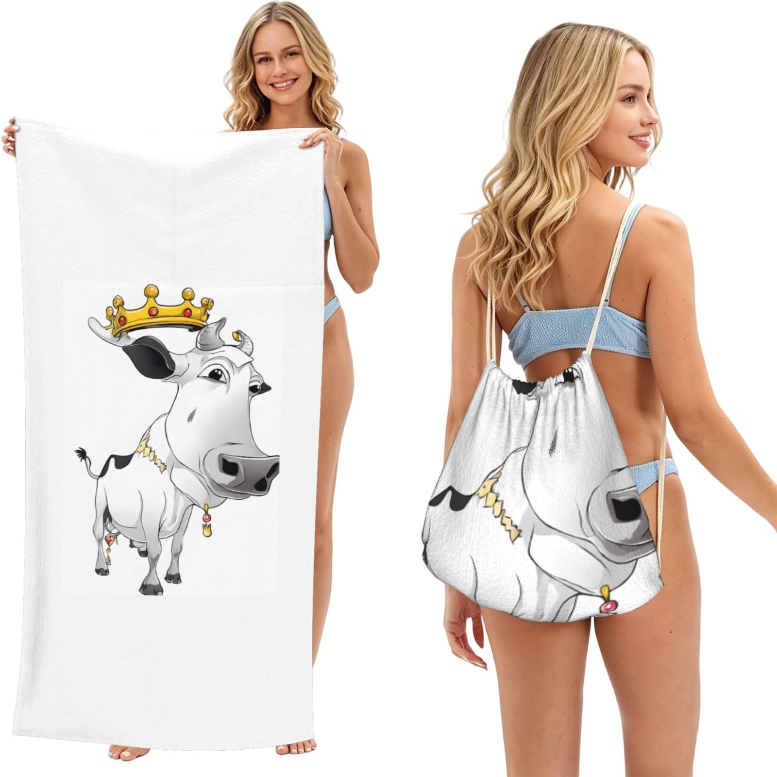 ESNAIUVCD Dairy Cow Print Beach Towel For Adults,Towel With Drawstring Bag, Travel Pool Swimming Sports Shower Sand Free Quick Dry Bath Towel For Pool, Beach, Yoga- 180x60cm