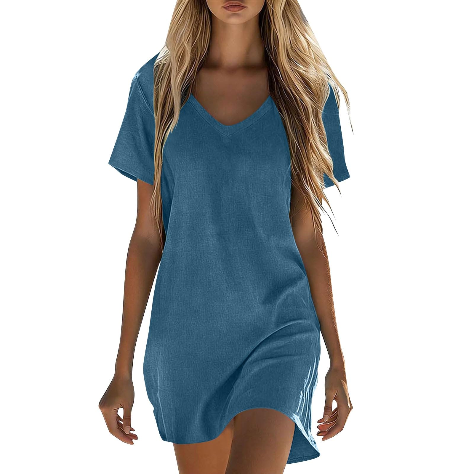 RLEHJN Sommerkleid Damen Midi,Baumwolle Leinen Kleid Kurzarm Saum Taille Freizeitkleid V-Ausschnitt Sommerkleid Damen Leicht und Luftig Casual Strandkleid Einfarbig Midikleid Tshirt Kleid S-5XL