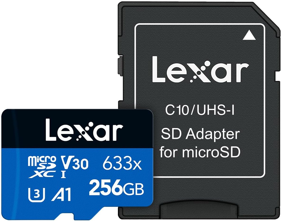 Lexar High-Performance 633x 256GB microSDXC UHS-I Card with SD Adapter, C10, U3, V30, A1, Full-HD & 4K Video, Up To 100MB/s Read, for Smartphones, Tablets, and Action Cameras (LSDMI256BBNL633A)