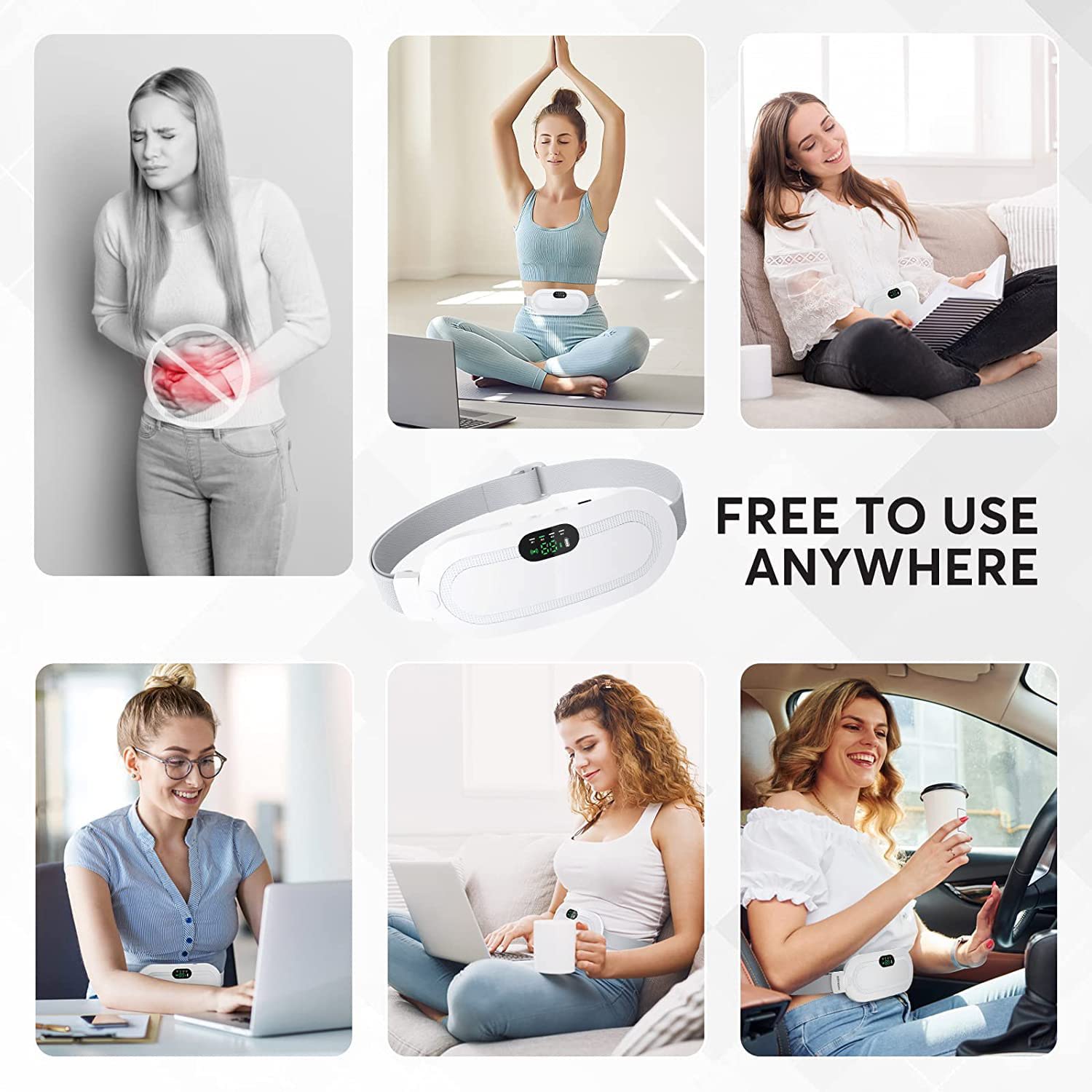 Almohadilla Térmica Menstrual con Batería de 2500mAh, 3 Modos de Temperatura y 4 Modos de Masaje, Cinturón de Calentamiento Recargable por USB, Alivia el Dolor de Espalda y el Dolor Menstrual | Recargable por USB, alivia dolores de espalda, piernas y cala