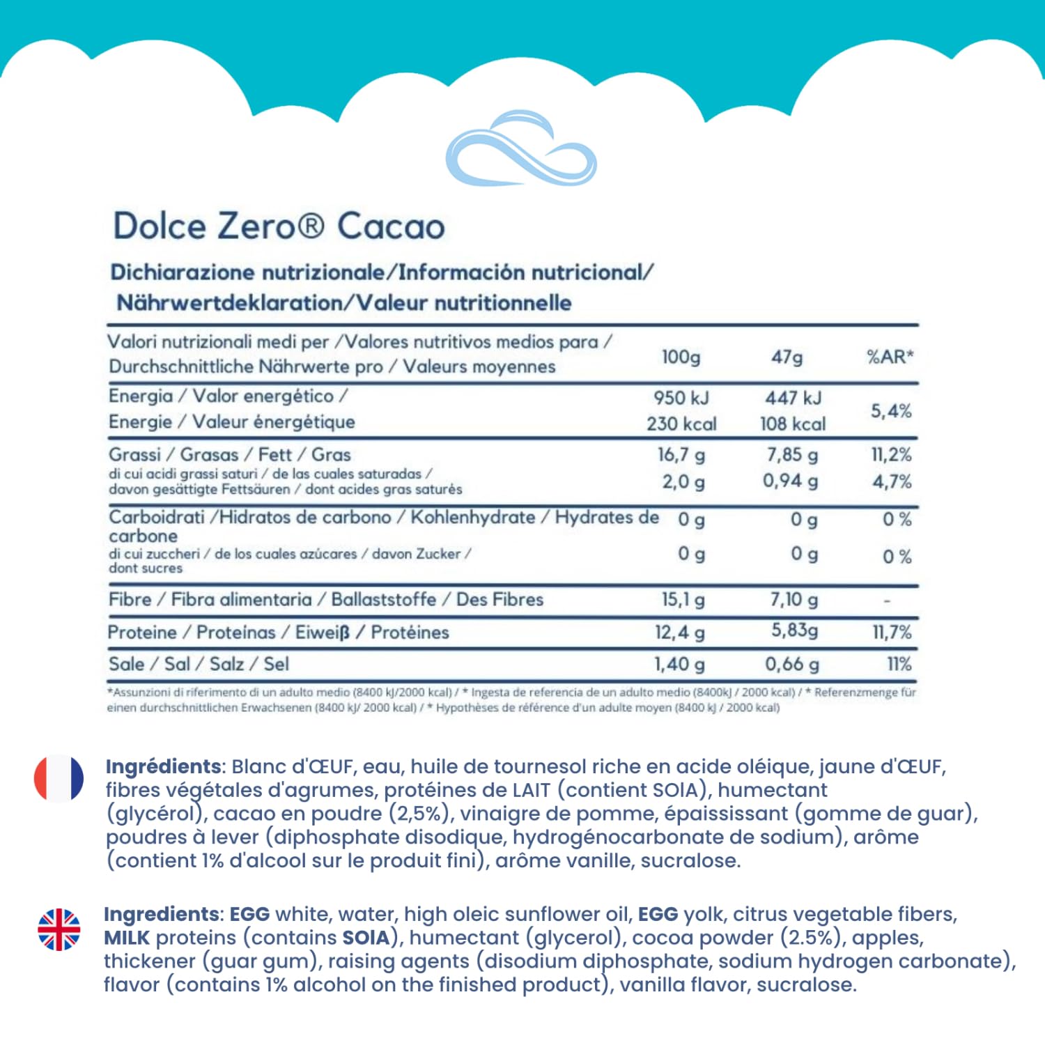 Nuvola Zero - Dolce Zero Cacao Tartelette, Sans Glucides, Sans Sucre, Sans Lactose, Sans Gluten, Riche en Fibres, Lot de 12, Fabriqué en Italie