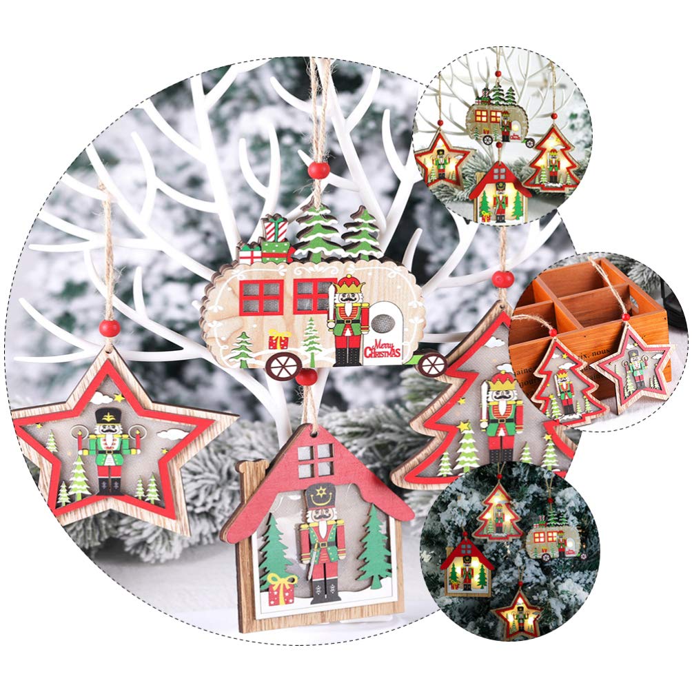 2 Pezzi Albero di Natale in Legno Ornamenti appesi a Forma di Stella per Auto schiaccianoci abbellimento Albero Topper c