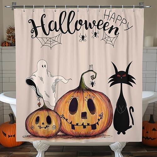 Miniatura 2 de Cortina de ducha de Halloween, cortinas de ducha fantasma para baño, juego de cortinas góticas espeluznantes de calabaza, gato negro, decoración