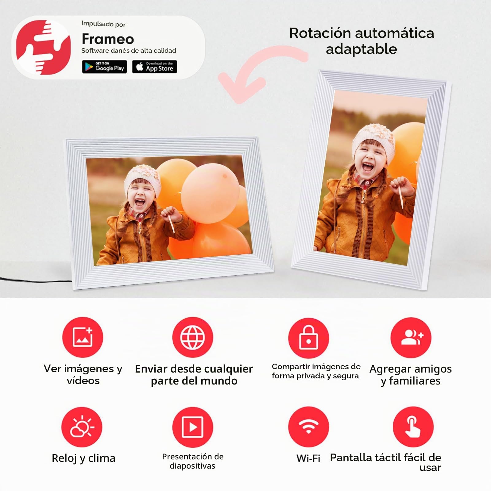 Frameo White - Marco de fotos digital inteligente WiFi de 10.1 pulgadas, marco de fotos digital Wi-Fi con almacenamiento de 32 GB y ranura SD, marco de fotos electrónico, pantalla táctil IPS con