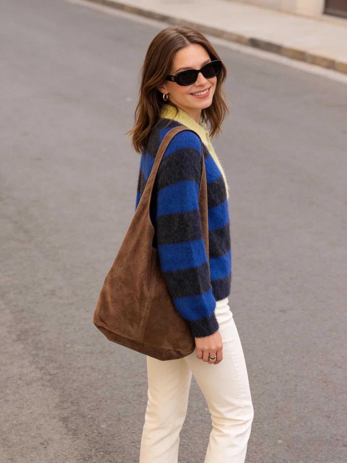 Majdan Women's Striped Polo Sweater V Neck Long Sleeve Ribbed Cuff Relaxed Fit Fall Casual Office Tops