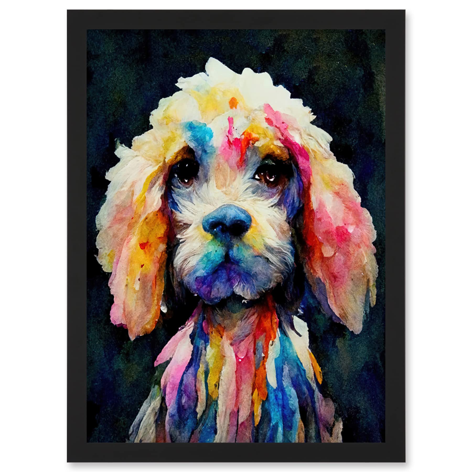 Wee Blue Coo Bright Abstract Colourful Dog Spaniel Cavapoo Cockapoo Artwork Framed Wall Art Print A4