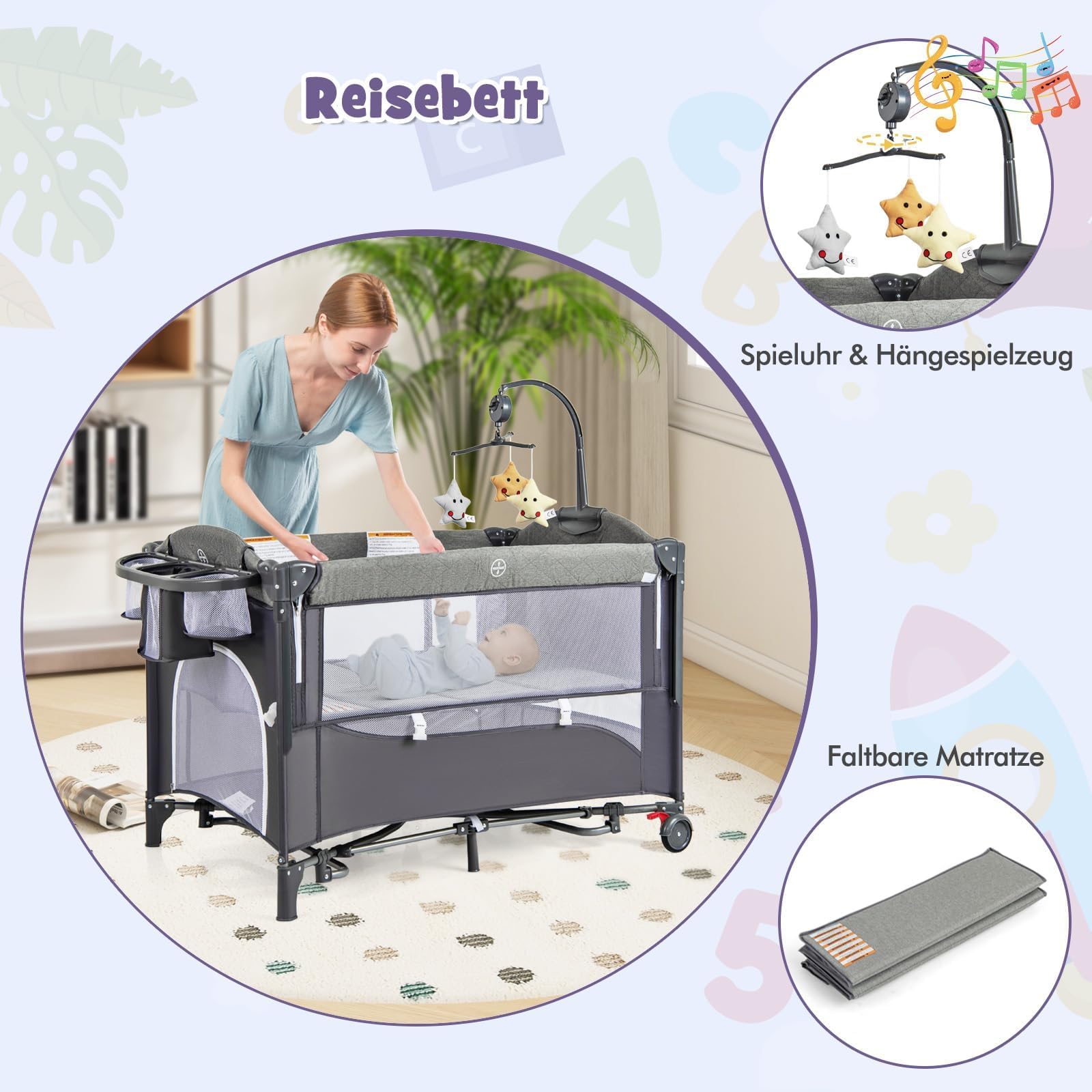 FANTASK 5 in 1 Beistellbett, Babybett höhenverstellbar mit Matratze & Rollen, Reisebett Baby mit Wickeltisch, Hängespielzeug, Spieluhr & Sicherheitsgurt, Stubenwagen Babywiege für Kleinkinder (Blau)