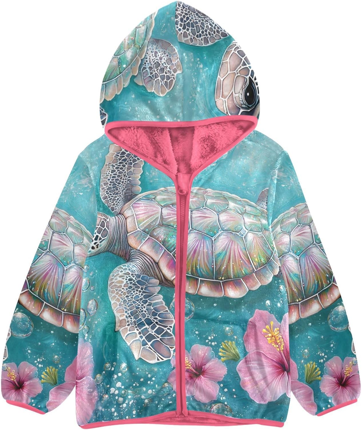 ALAZA Turtle Pink Flower Hoodie Jacket for Girls Toddler Fleece Zip Up Coat Plush Jacket Long Sleeve Outerwear for 3 Years