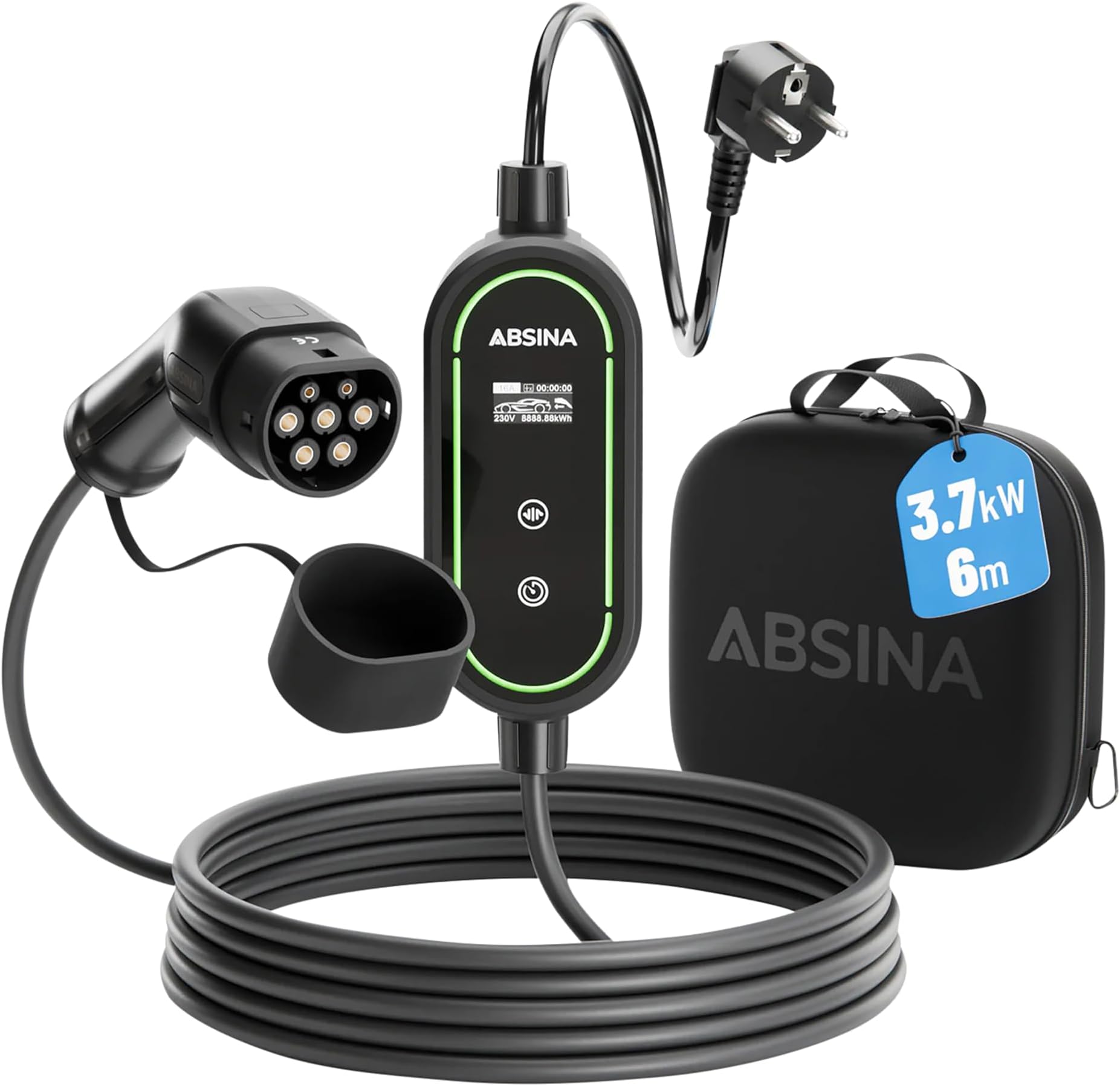 ABSINA Type 2 Electric Car Charging Cable with Adjustable Charging Power - 3.7kW 16A Single-Phase IP67 Electric Car Charger with 6 m Cable - Type 2 Electric Car Charger