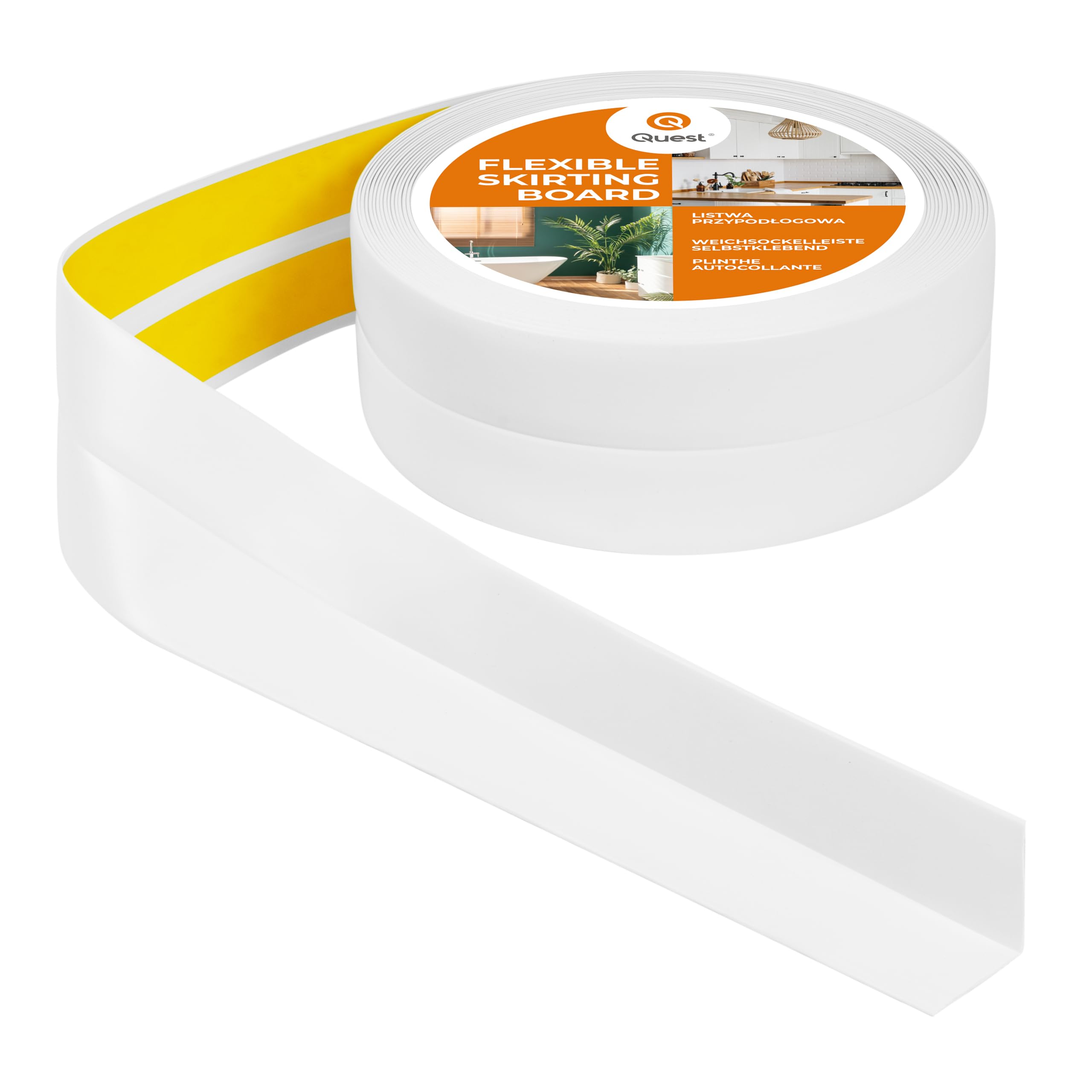 Quest Battiscopa Morbido Adesivo - 40 mm x 40 mm - Finitura Flessibile, Listello in PVC, Profilo Angolare per Cucina, Bagno, Parete, Pavimento - Resistente ai raggi UV - 10 Metri, Bianco