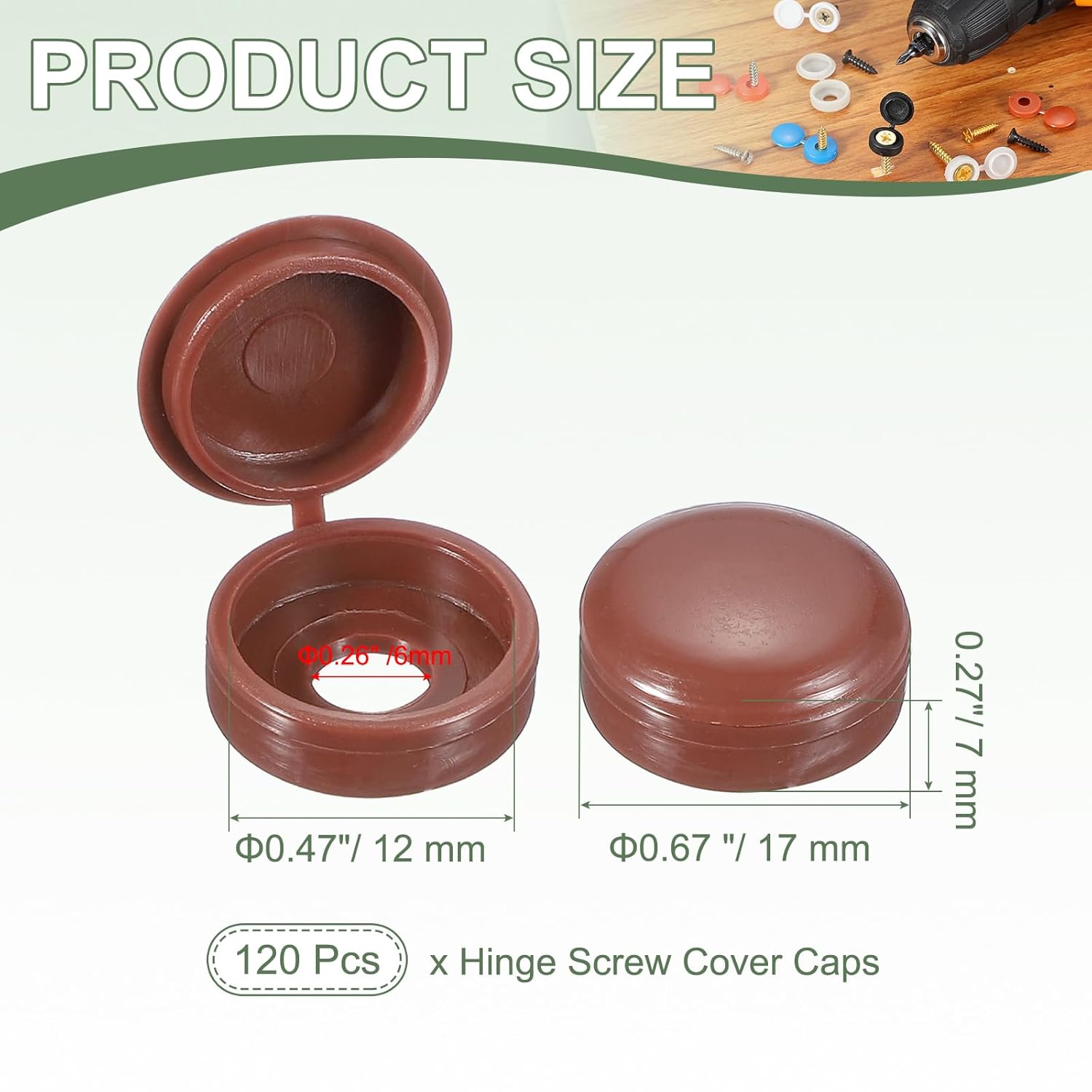Screw Snap Covers, M6 Plastic Hinged Screw Cover Caps Shutter Screws Fold Snap Washer - Fitting for (Windows/Railings/Home Furniture/Cabinets), 6mm & 120 Pack & Dark Brown
