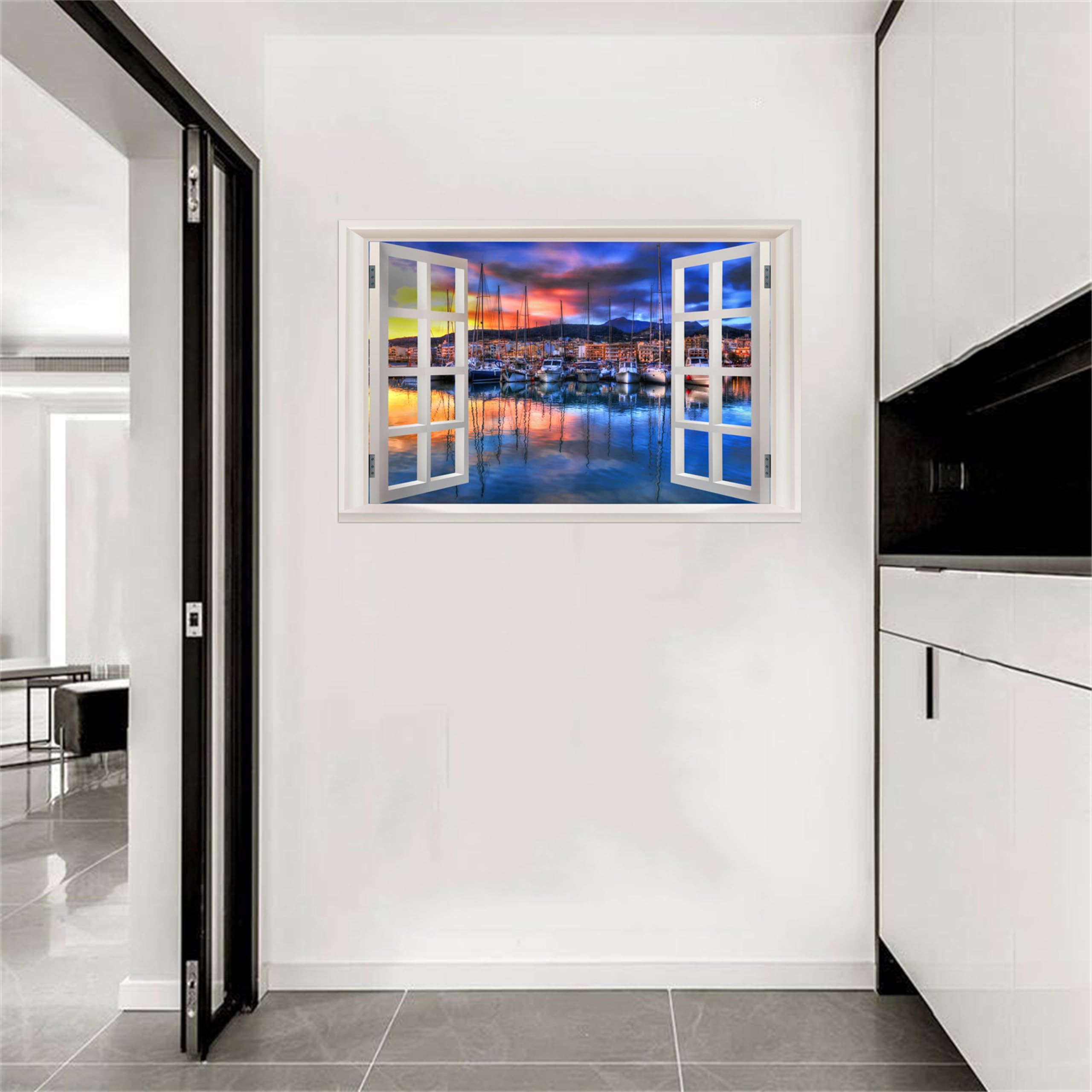 SDYSKKUG Fensterblick Bild. Meer Boot Sonnenuntergang. Landschaftsbilder Druck auf Leinwand. Wandbilder Wohnzimmer Wanddekoration 120x80cm Ungerahmt
