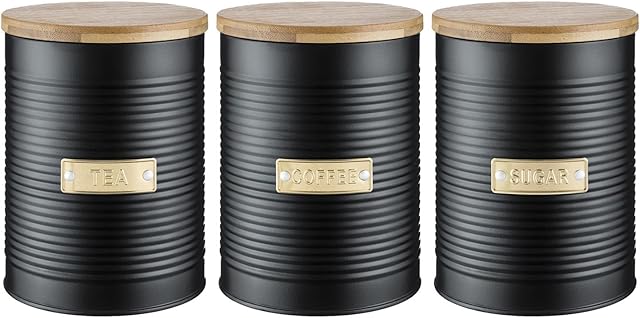 Typhoon Otto 3pc Black Tea Coffee Sugar Kitchen Storage Canisters Containers Set