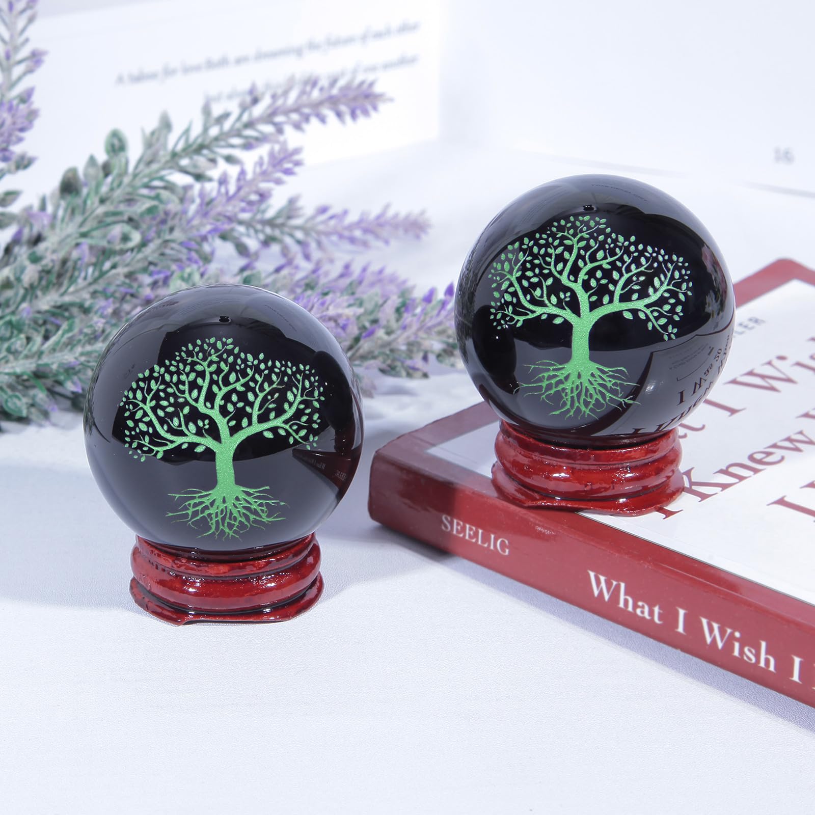 mookaitedecor Engraved Tree of Life Symbol Black Obsidian Crystal Ball Sphere Ornament with Wooden Stand - Image 4
