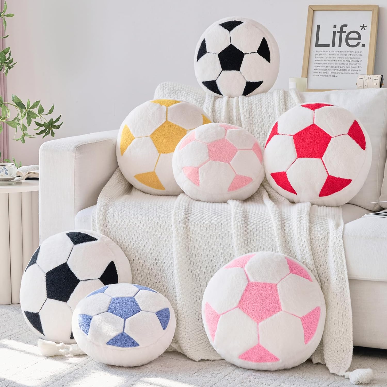 Soccer Pillow,15" Soccer Shaped Pillow Floor Cushion Seating Cushion with Faux Rabbit Fur,Round Soccer Throw Pillow Room Décor for Sofa Couch Living Room (Pink)