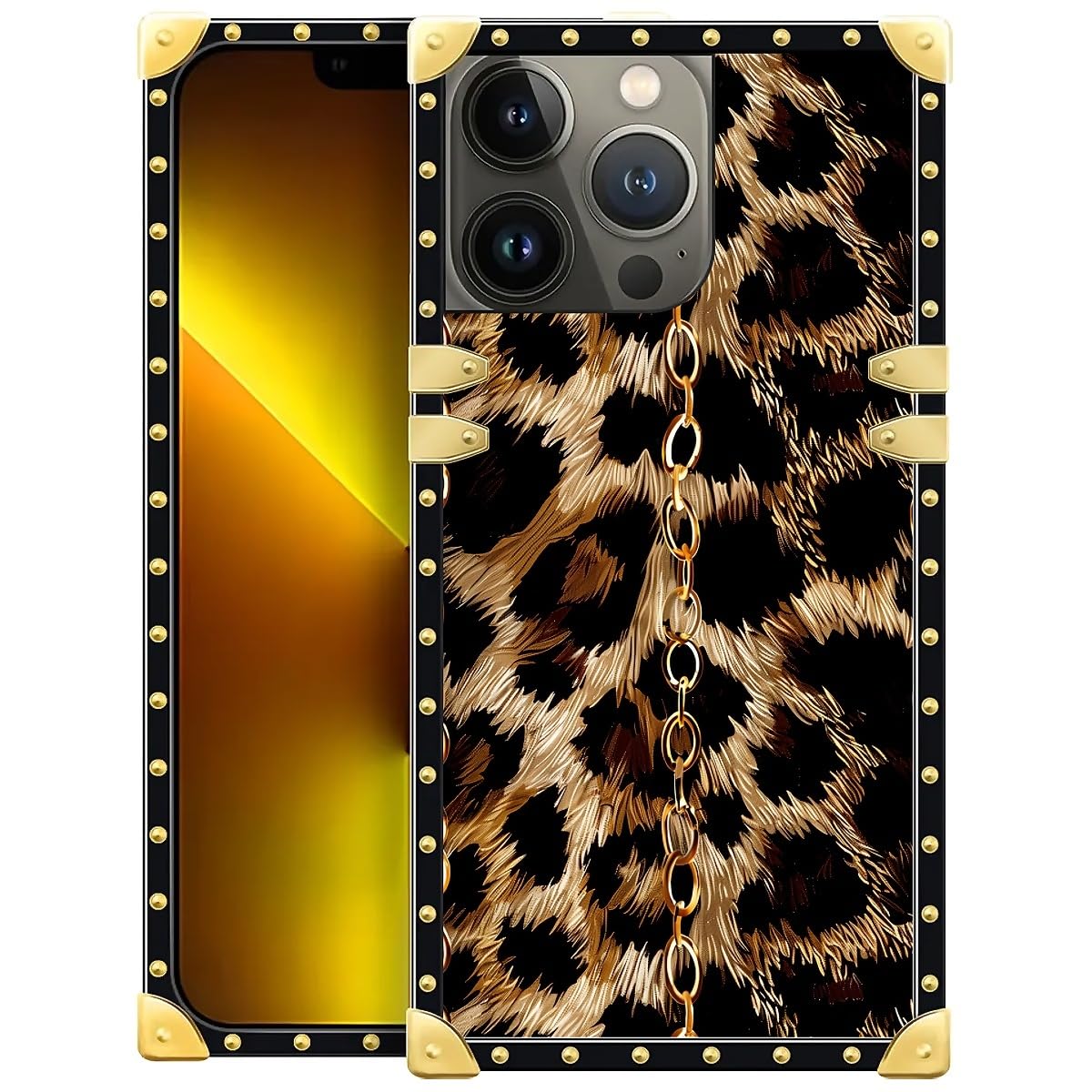 WANKBLC Compatible with iPhone 13 Pro Max Case, Seamless Gold Chain Leopard Luxury Golden Decoration for Girl Women Soft TPU Shockproof Protective