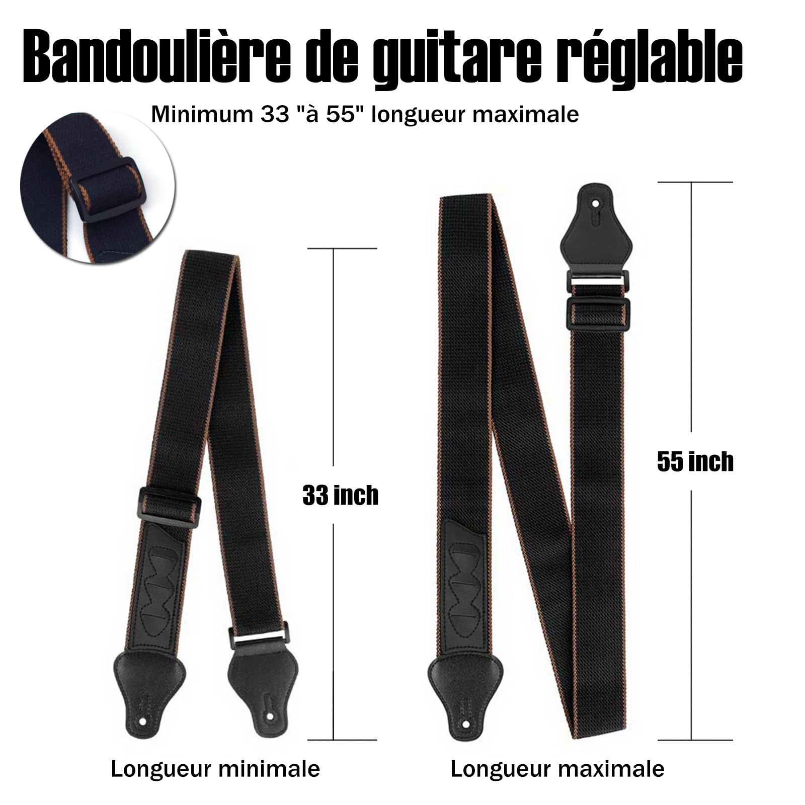 ROTOPATA Sangle de guitare avec porte-médiators, 2 boutons, 2 serrures, 3 médiators de guitare, sangle en coton avec extrémités en cuir, longueur réglable