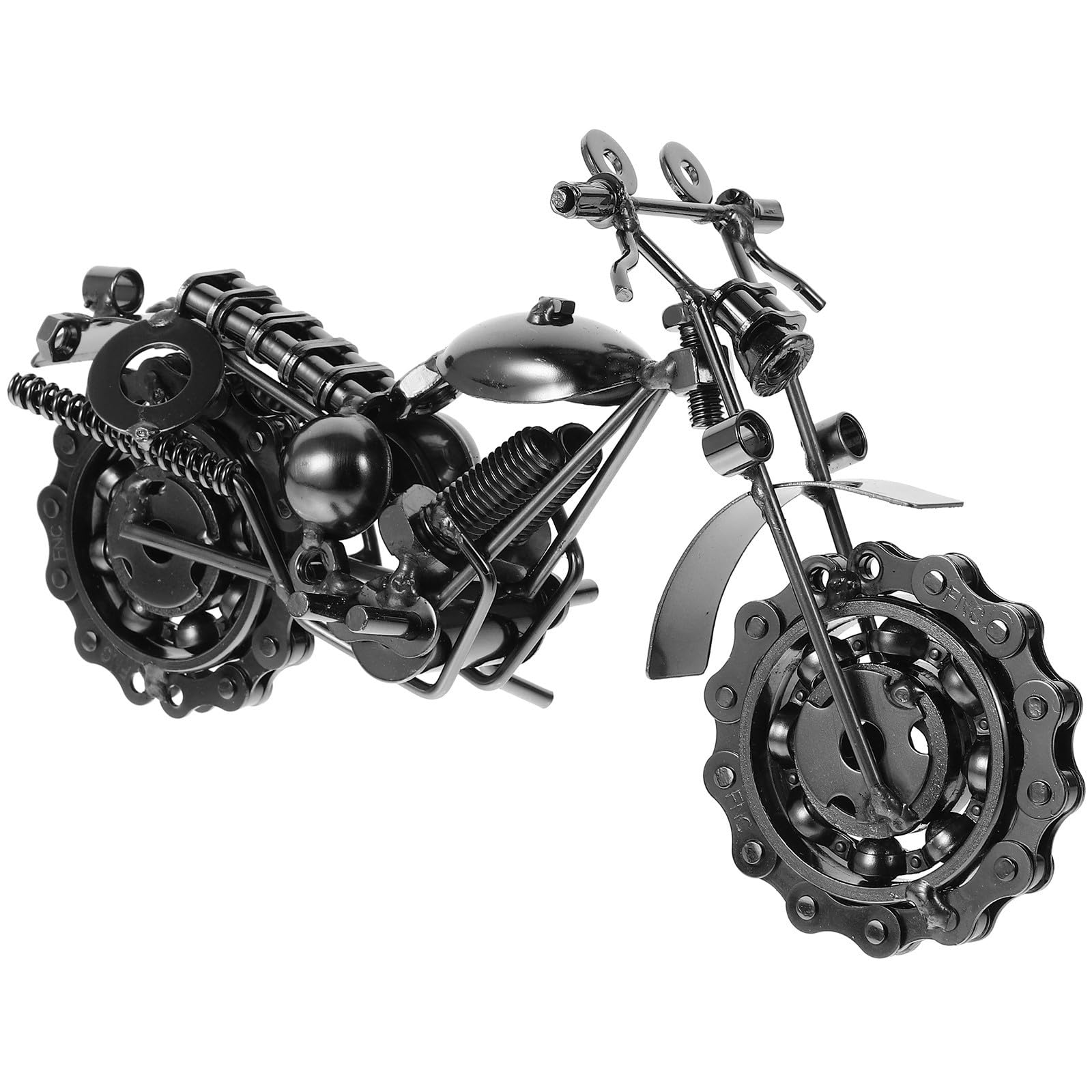Modelo de motocicleta vintage de hierro con ruedas móviles artesanales