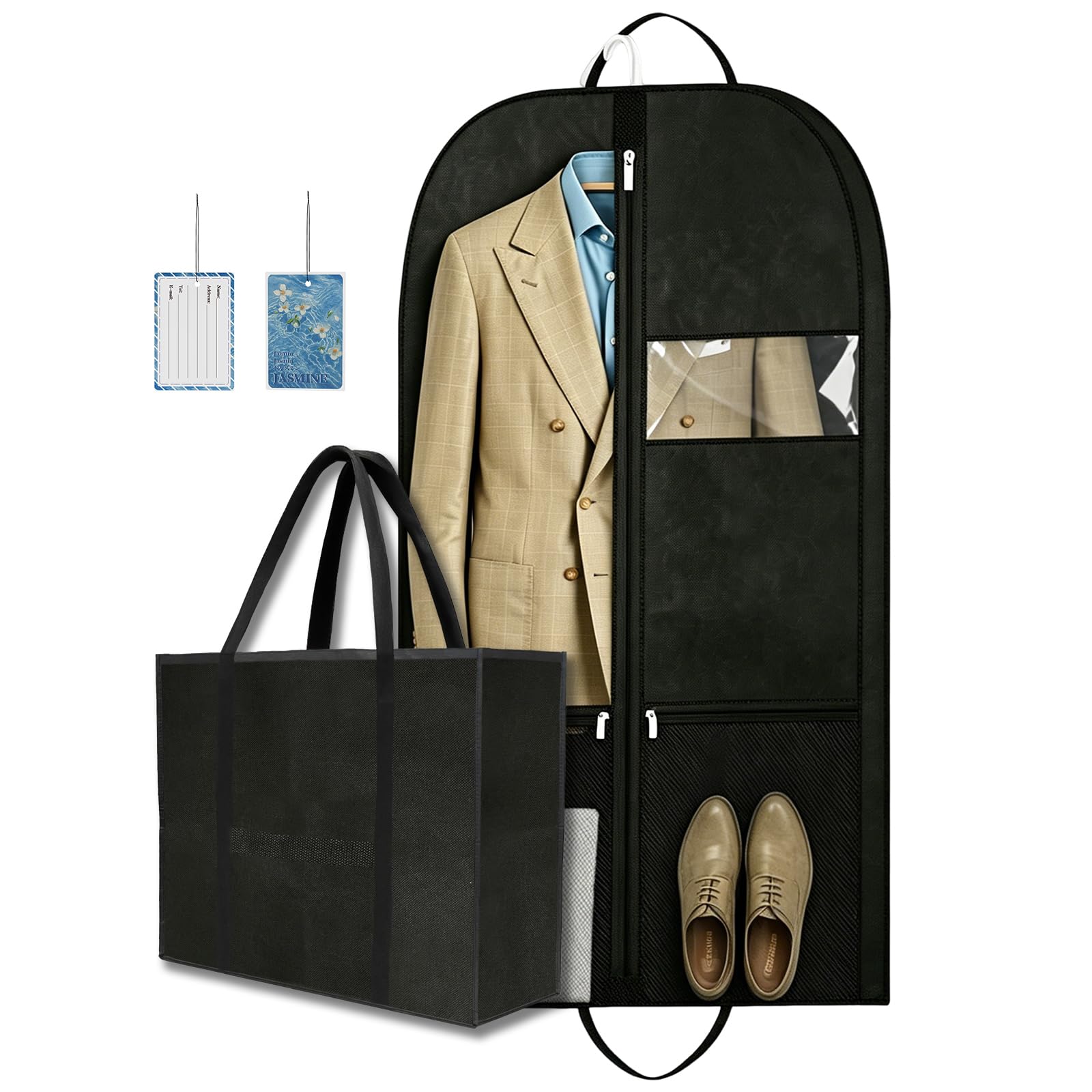 Business Travel Garment Bag for Men, Suit Bags for Men with Shoe Compartment, Foldable Garment Bag for Travel, Wrinkle Suit Bag, Professional Black Men’s Suit Garment Bag with ID Window & Tote