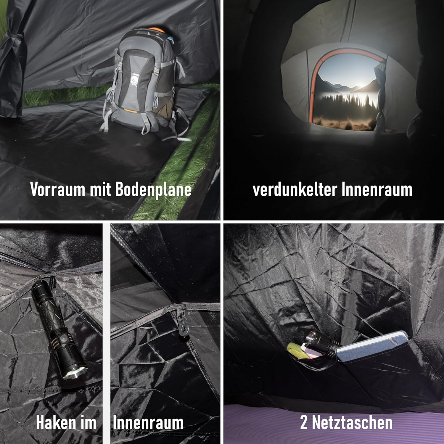 Campingzelt 3-4 Personen (doppelwandig) – leicht, stabil, wasserdicht | verdunkelter Innenraum, Moskitonetz, Fluoreszierende Abspannleine, verstärkte Heringe, Vorraum mit Bodenplane inkl. Tragetasche
