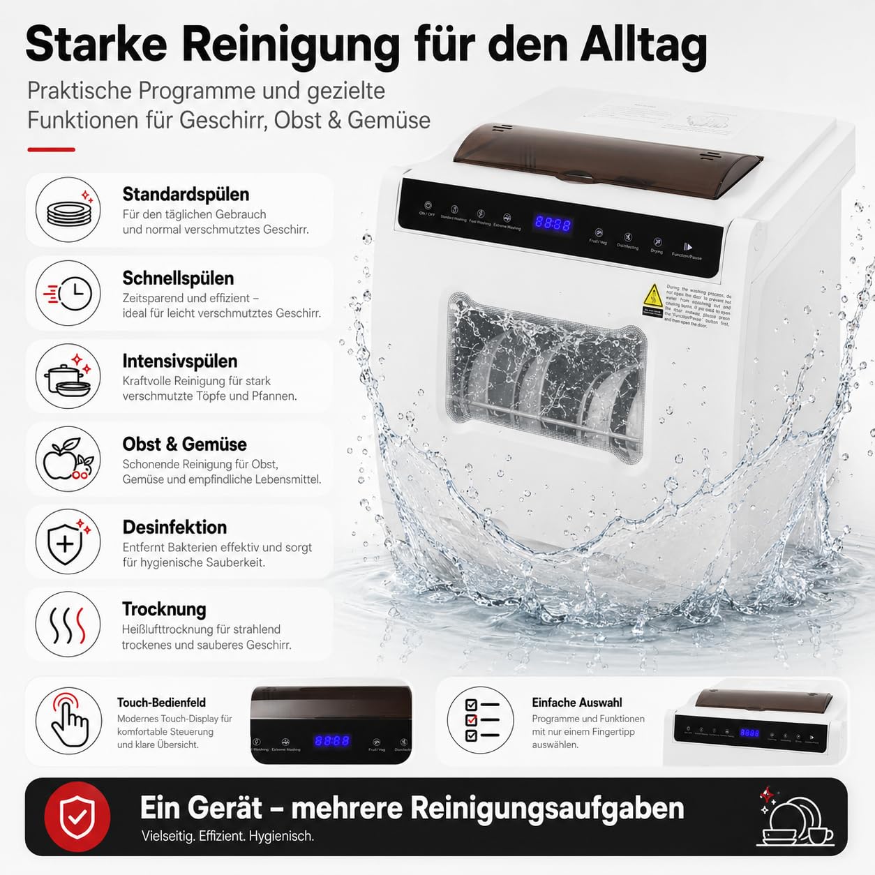 Tischgeschirrspüler 800W 6 Programme 72h Heißlufttrocknung für 4-6 Pers | Mini Spülmaschine 0.58kWh/3.5L, 52dB leiser Desktop-Dishwasher mit Messerbox & 360° Sprüharme für Wohnung/Wohnmobil