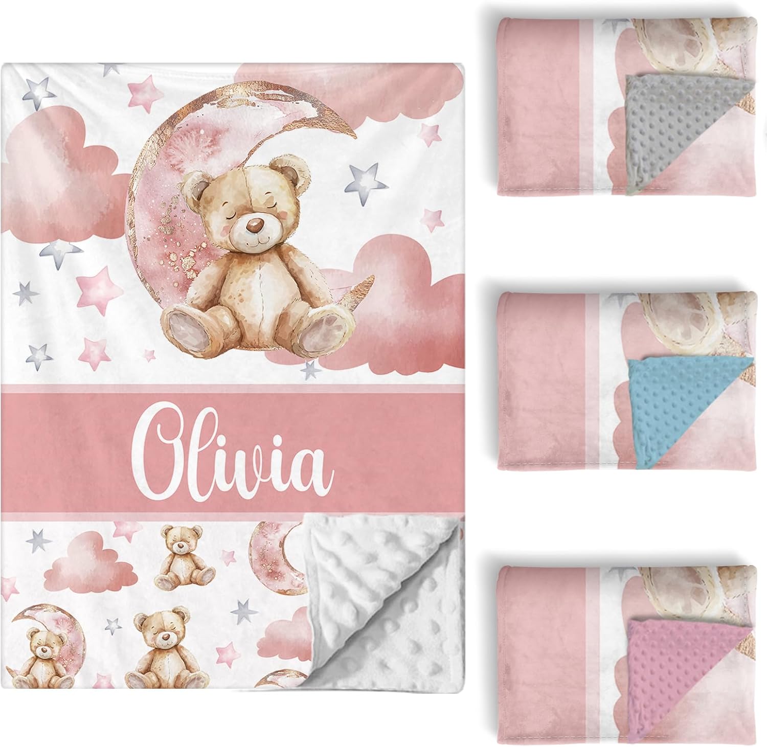 Personalized Baby Crib Bedding Set, 5 Pcs Custom Name Nursery Bedding Set for Girls Boys, Pink Bear Baby Crib Set for Toddlers Infants, Double Layer Bedding Crib Sets Customized Gifts